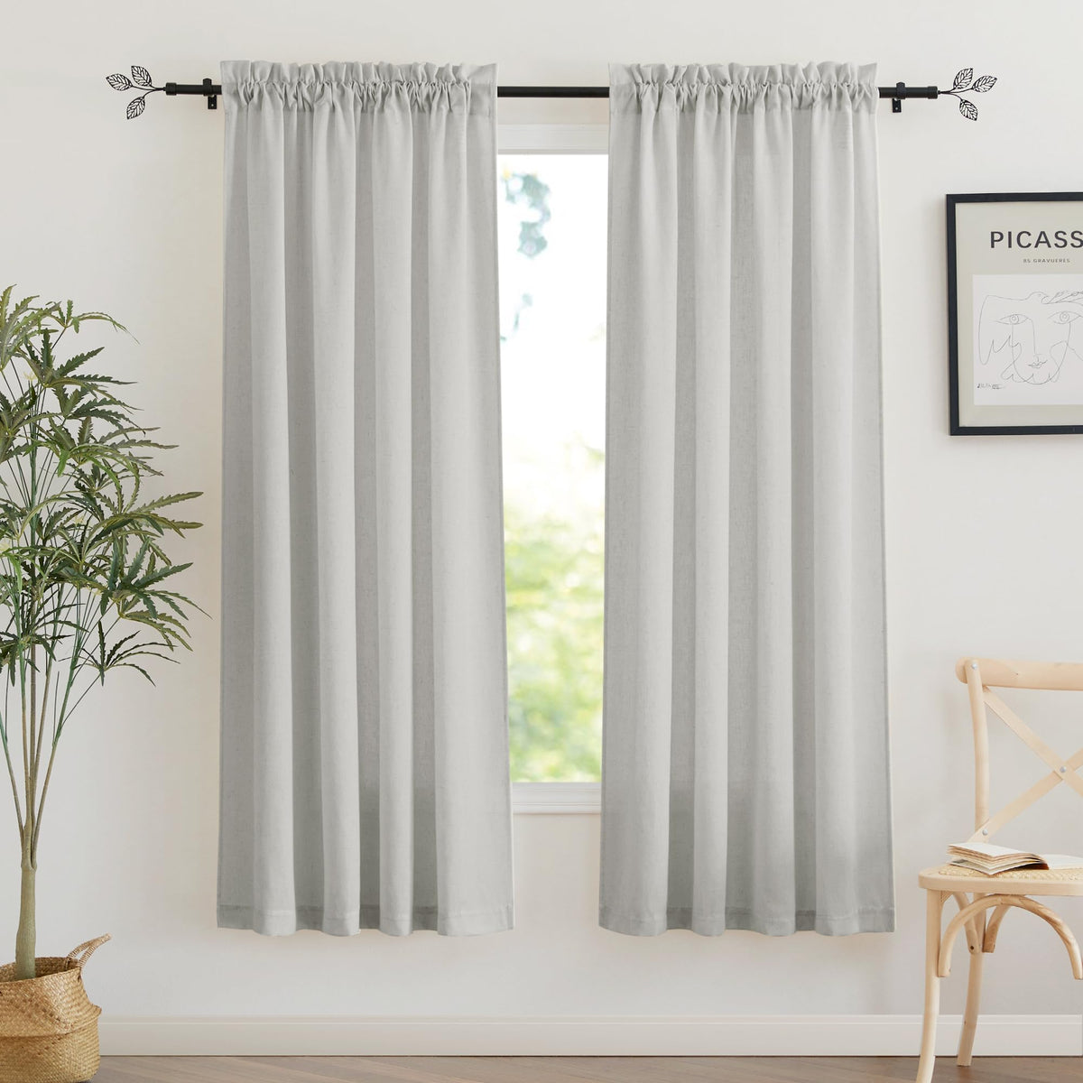 RYB HOME White Semi Sheer Curtains 84 inches Long for Living Room | Half Privacy, Linen Textured, Sheer Light Filtering, Vertical Window Drapes, for Bedroom Dining, White, W52 x L84, 2 Panels