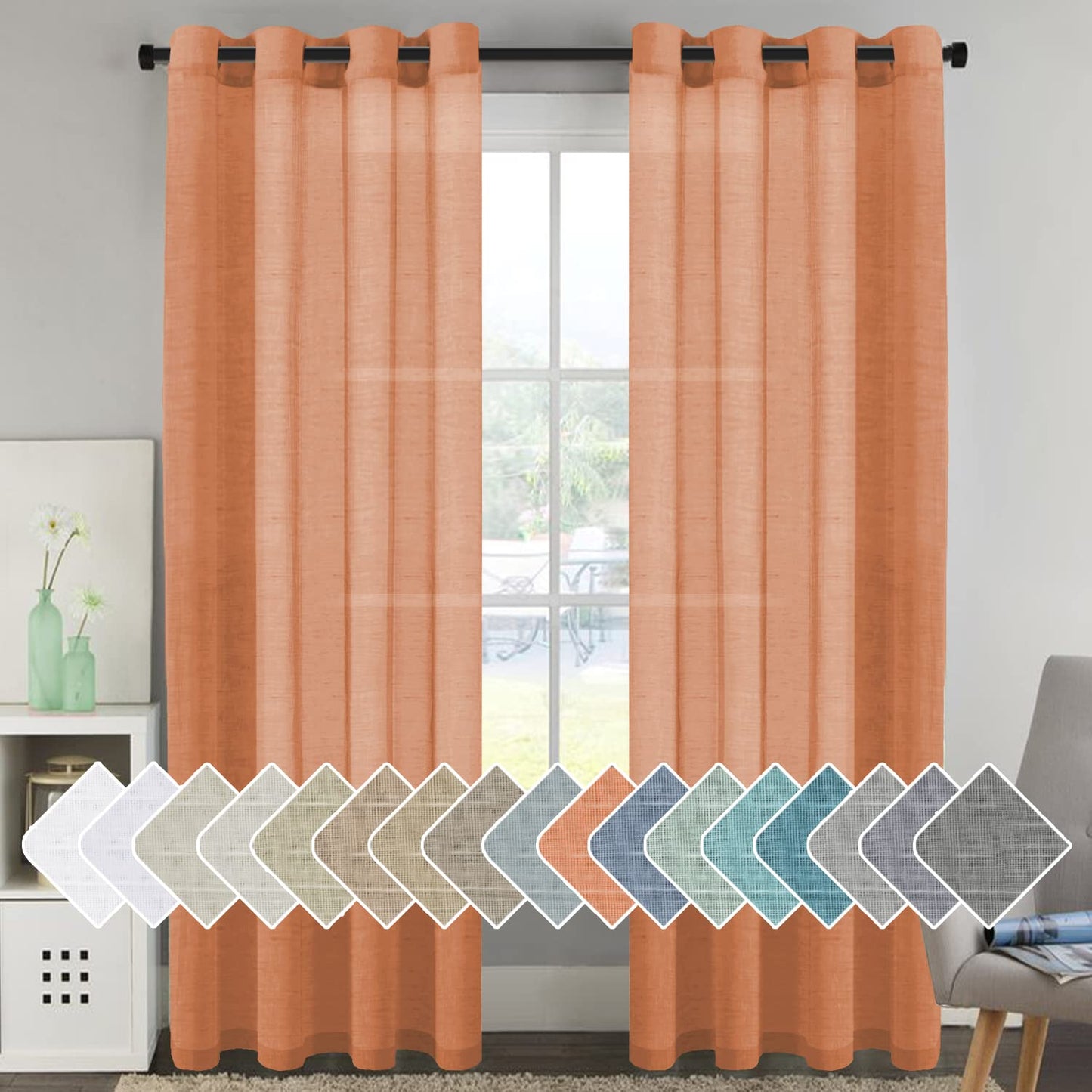 H.VERSAILTEX Natural Linen Sheer Curtains Flax Linen Blended Curtain Panels Living Room, Nickel Grommet Semitransparent Semi-Sheer Soft Privacy Drapes, Natural, 84 inches Long 2 Panels