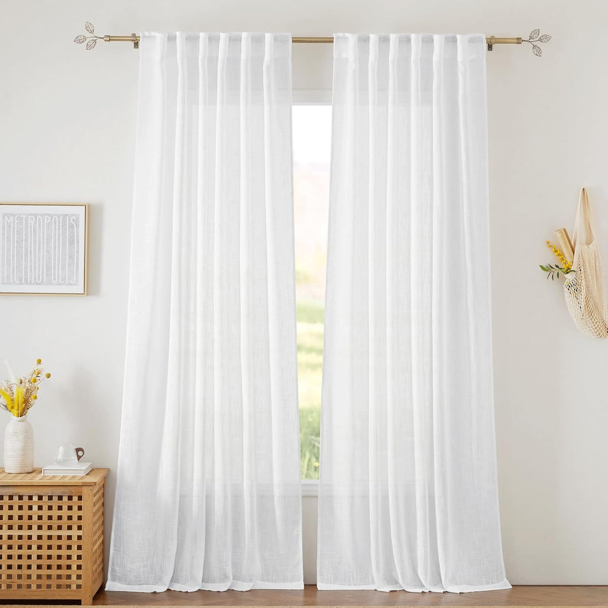 RYB HOME White Sheer Curtains for Living Room Patio Glass Door, W52 x L95 | Linen Texture, Light Filtering Privacy, Airy Translucent, Back Tab, Bedroom Office Balcony, W52 x L95, 2 Panels