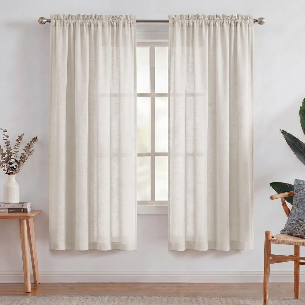 Turquoize White Linen Curtains 96 Inches Long Semi Sheer Curtains Light Filtering Linen Drapes for Living Room/Bedroom 2 Panels Set Rod Pocket Window Treatments Panels,W52 x L96, White