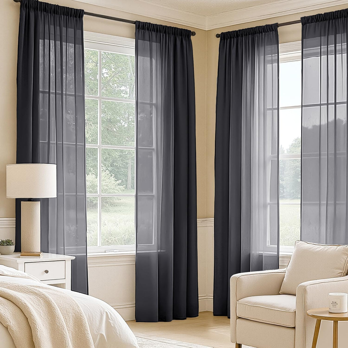 MIULEE Black Sheer Curtains 84 Inches Long 4 Panels 42 x 84 Inches | Light Filtering, Rod Pocket, Voile Drapes, Living Room, Bedroom, Window Treatments
