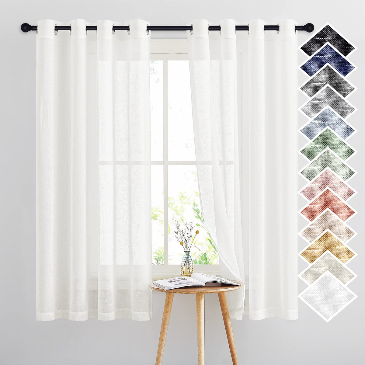 NICETOWN White Sheer Linen Curtains for Living Room 84 inch Length 2 Panels Set, Grommet Semi Sheer Privacy with Light Filtering Flax Window Treatments for Bedroom, W52 x L84