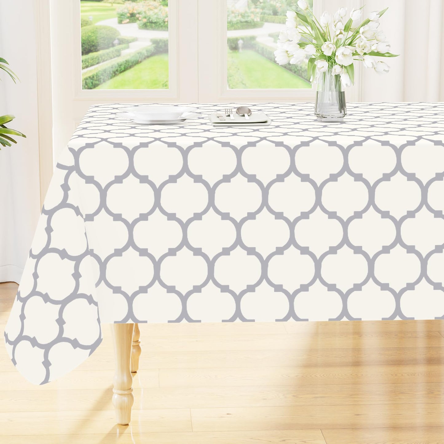 Smiry Rectangle Table Cloth, Flannel Backed Vinyl Tablecloth, 60"x84" | Waterproof Plastic Tablecloths, Wipeable Table Cover for Dining, Indoor and Outdoor (Grey)