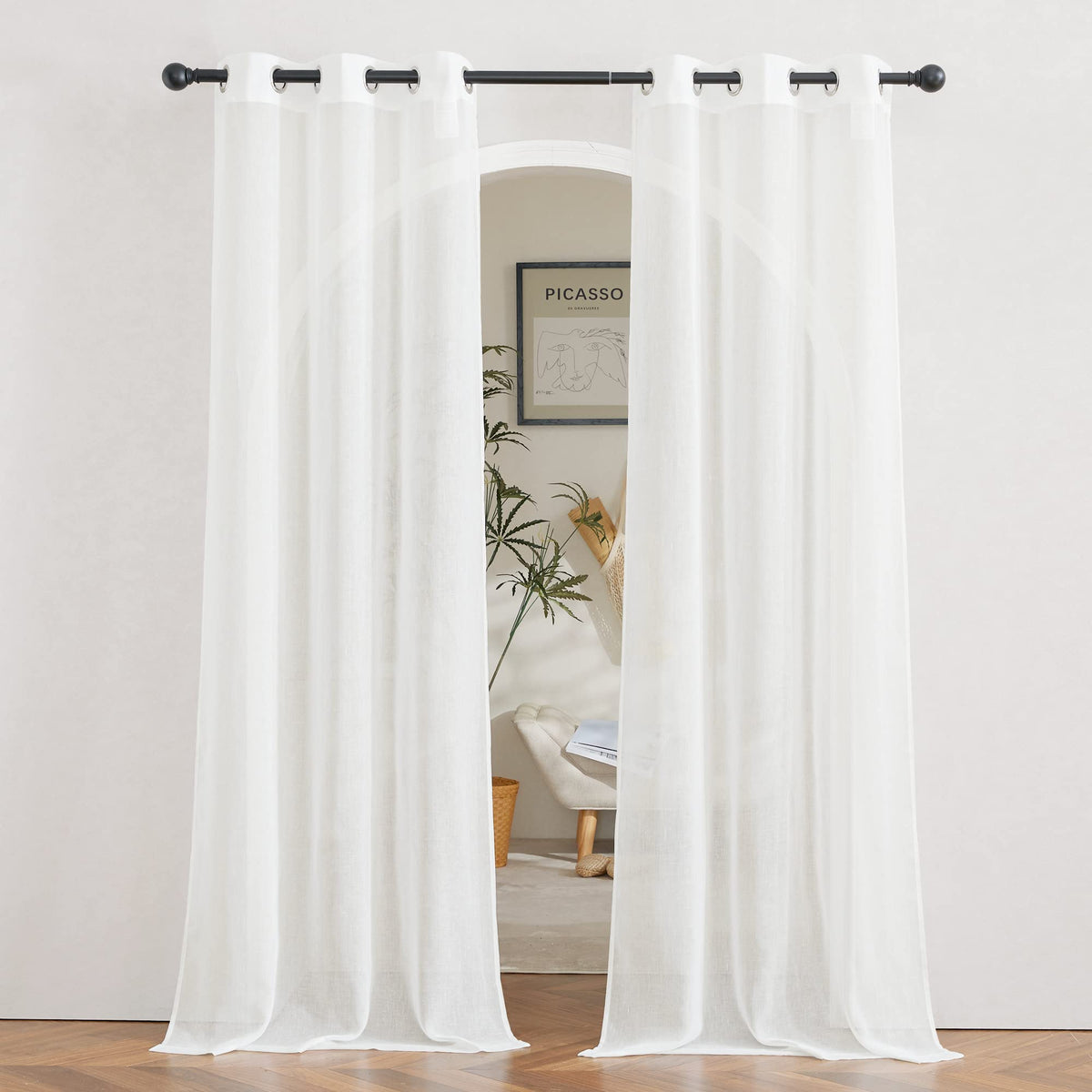NICETOWN White Sheer Linen Curtains for Living Room 84 inch Length 2 Panels Set, Grommet Semi Sheer Privacy with Light Filtering Flax Window Treatments for Bedroom, W52 x L84
