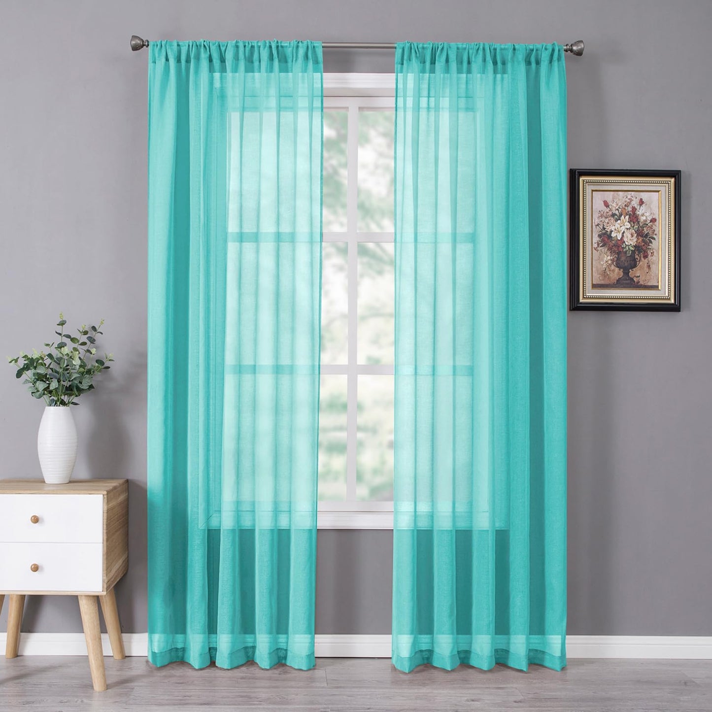 Tollpiz Sheer Curtains Living Room Linen Textured Curtain Sheers Light Filtering Voile Rod Pocket Curtains for Bedroom, 38 x 63 inches Long, White, Set of 2 Panels