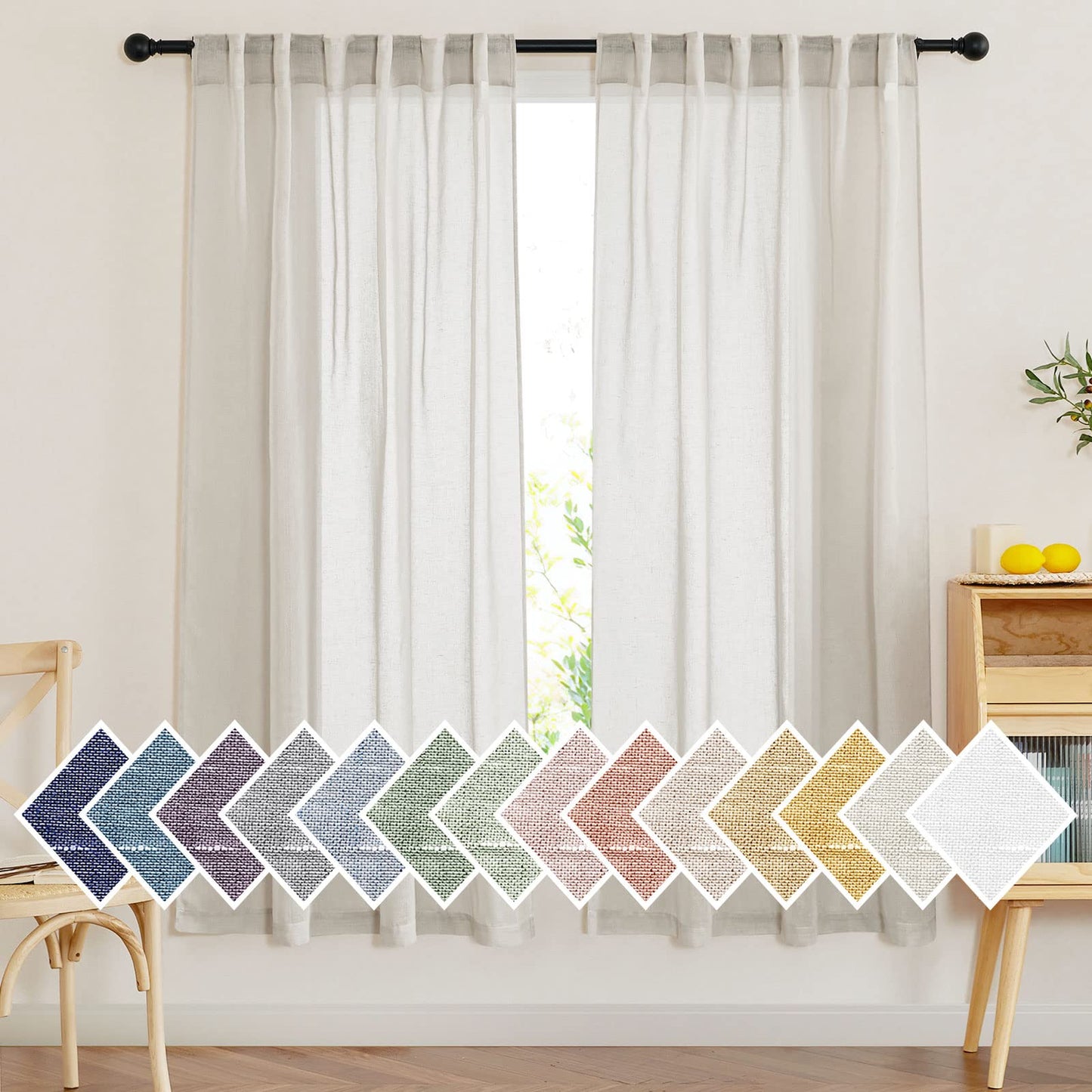 NICETOWN Semi Sheer White Curtains 84 inch Long, Rod Pocket & Back Tab Sheer Linen Curtains & Drapes Balance Privacy & Light Panels for Bedroom/Living Room, W52 x L84, 2 Panels