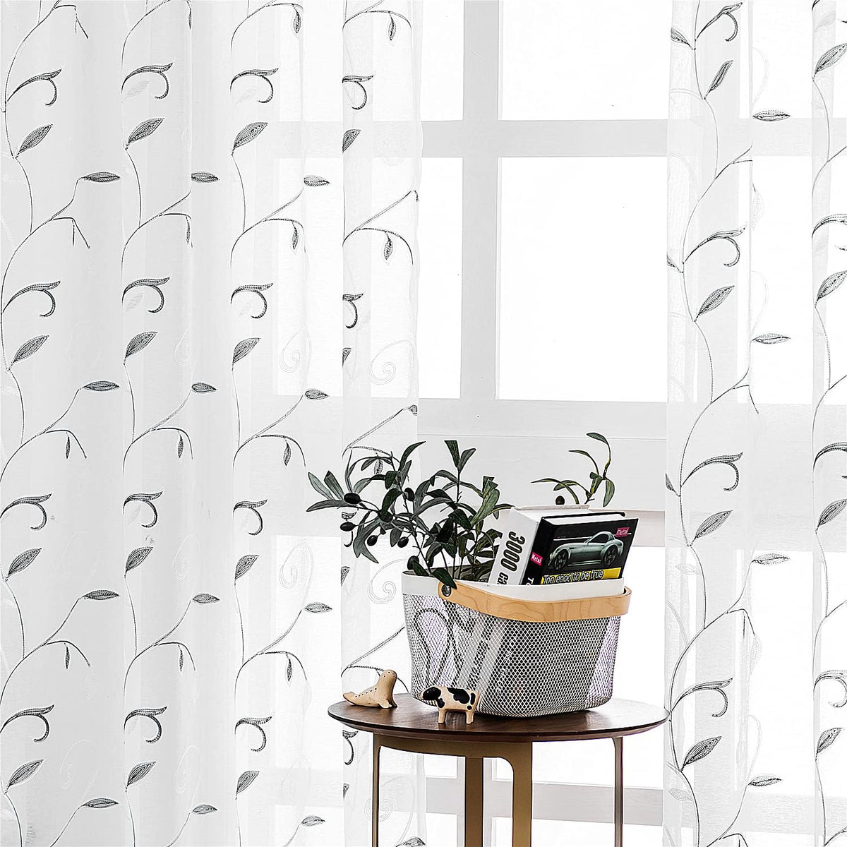 Sheer Curtains Boho Leaf Floral Embroidered Cream Beige 54Wx84L | Light Filtering Semi Sheer Voile Curtains With Design, Rod Pocket Window Drapes for Bedroom Living Room 2 Panels
