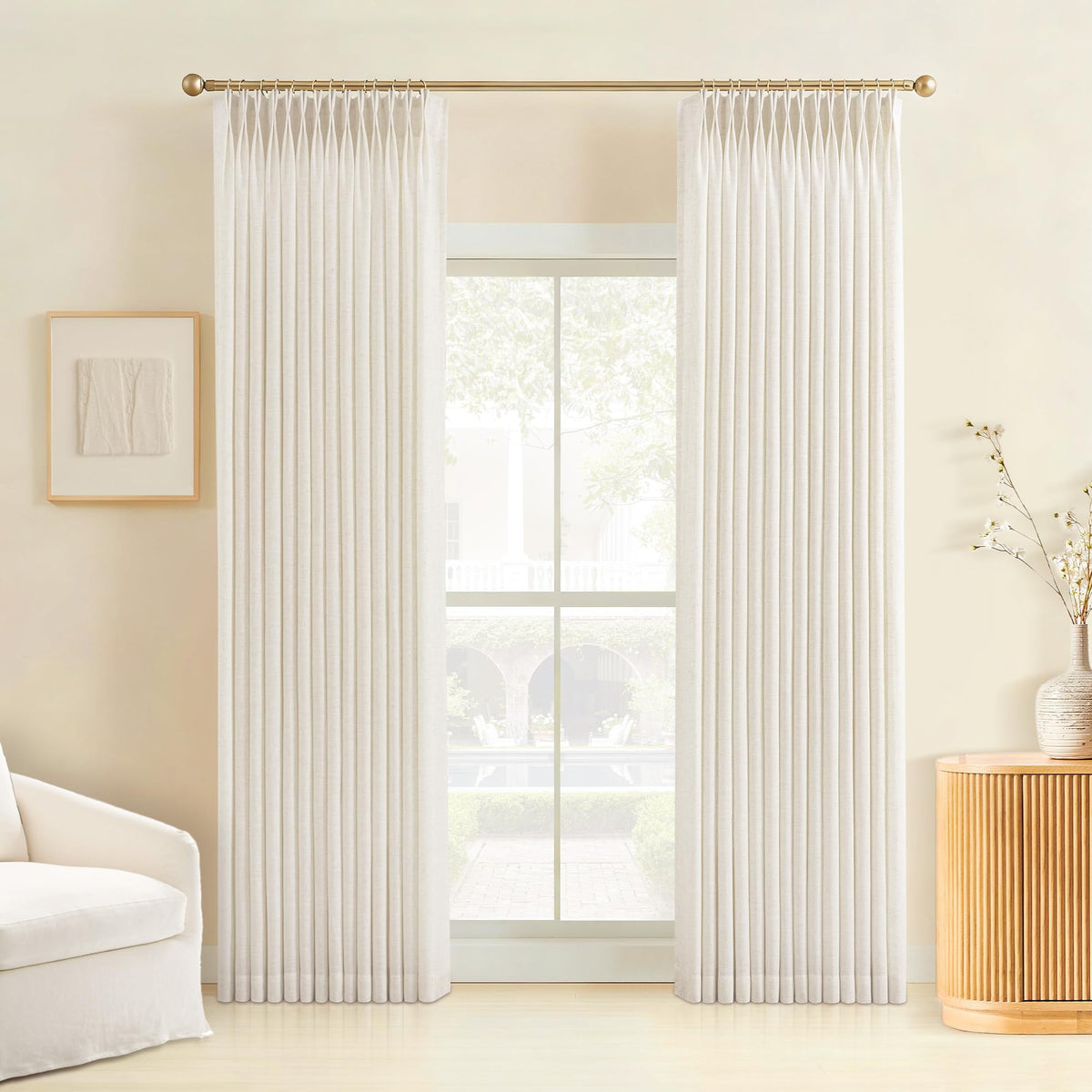 Liz Sheer Pinch Pleated Linen Curtains 102 Inches Long - Light Filtering Pleat Curtains for Living Room, Window Curtains for Bedroom, Luxury Pinch Pleated Drapes with Hooks, Natural, 2 Panels Set