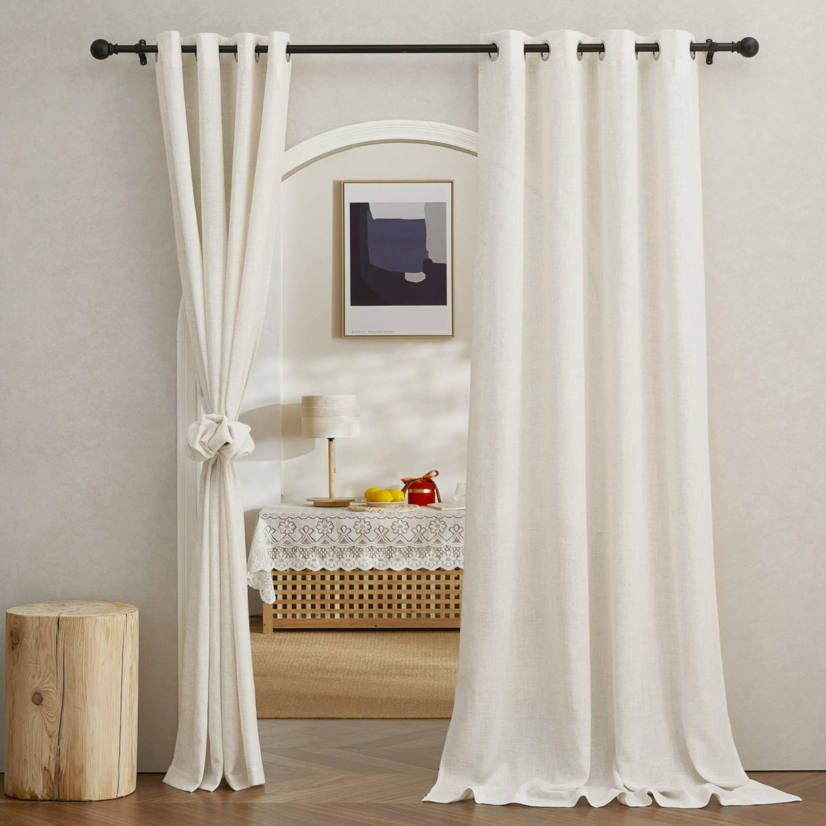 NICETOWN White Sheer Linen Curtains for Living Room 84 inch Length 2 Panels Set, Grommet Semi Sheer Privacy with Light Filtering Flax Window Treatments for Bedroom, W52 x L84