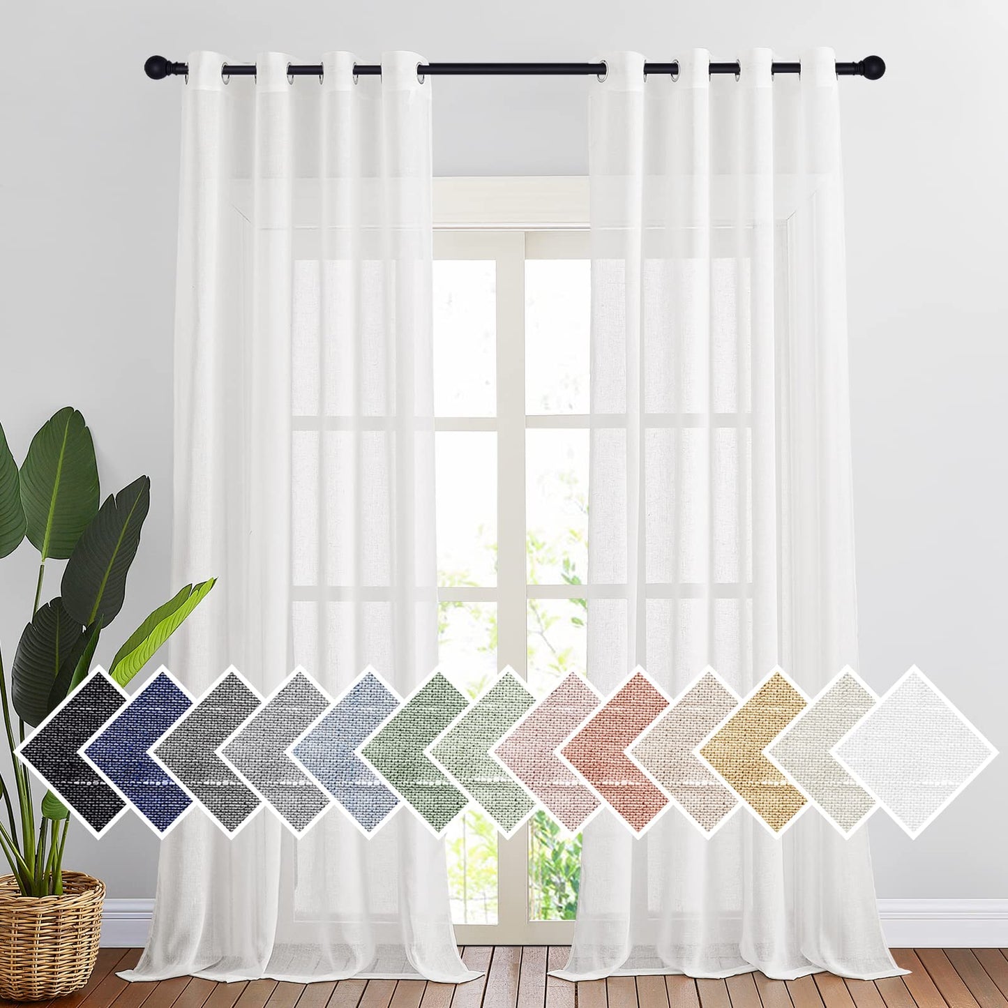 NICETOWN White Sheer Linen Curtains for Living Room 84 inch Length 2 Panels Set, Grommet Semi Sheer Privacy with Light Filtering Flax Window Treatments for Bedroom, W52 x L84
