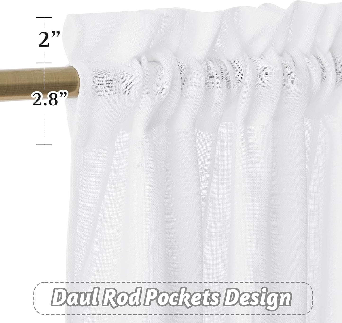 RYB HOME White Semi Sheer Curtains 84 inches Long for Living Room | Half Privacy, Linen Textured, Sheer Light Filtering, Vertical Window Drapes, for Bedroom Dining, White, W52 x L84, 2 Panels