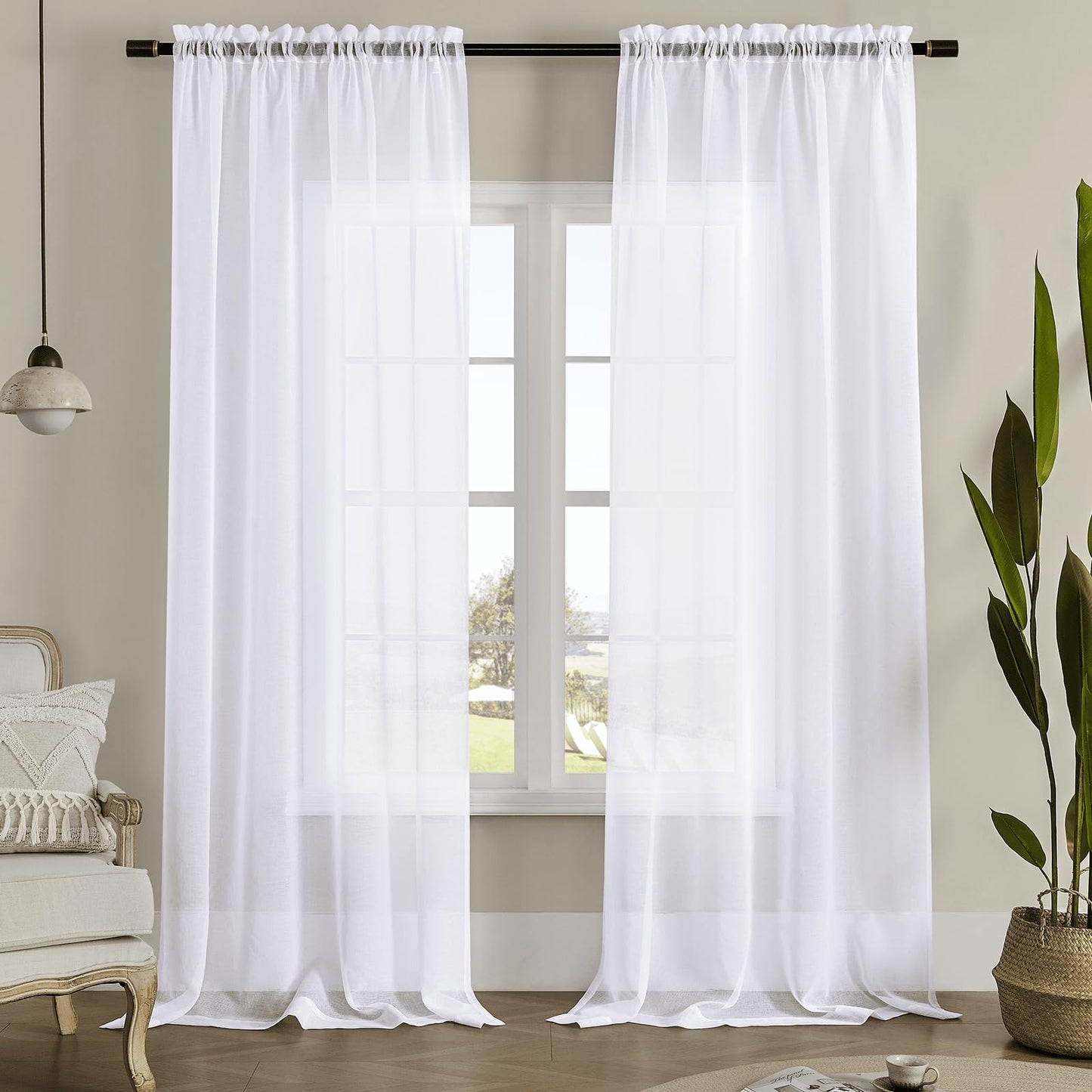 MYSTIC-HOME Sheer Curtains White 63 Inch Length, Rod Pocket Voile Drapes for Living Room, Bedroom, Window Treatments Semi Crinkle Curtain Panels for Yard, Patio, Villa, Parlor, Set of 2, 52"x 63"