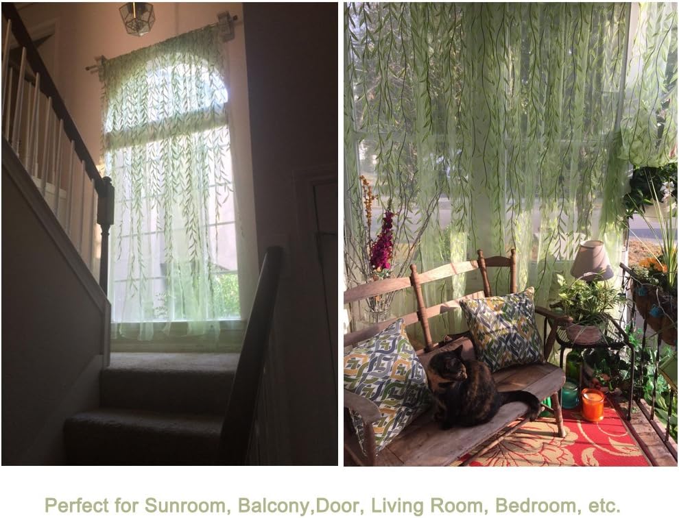 Ufurty 2pcs Willow Leaf Window Curtain Voile Tulle Vine Sheer Curtains | Room Salix Leaf Sheer Gauze Panel Drapes Green Color for Living Room, Bedroom, Balcony