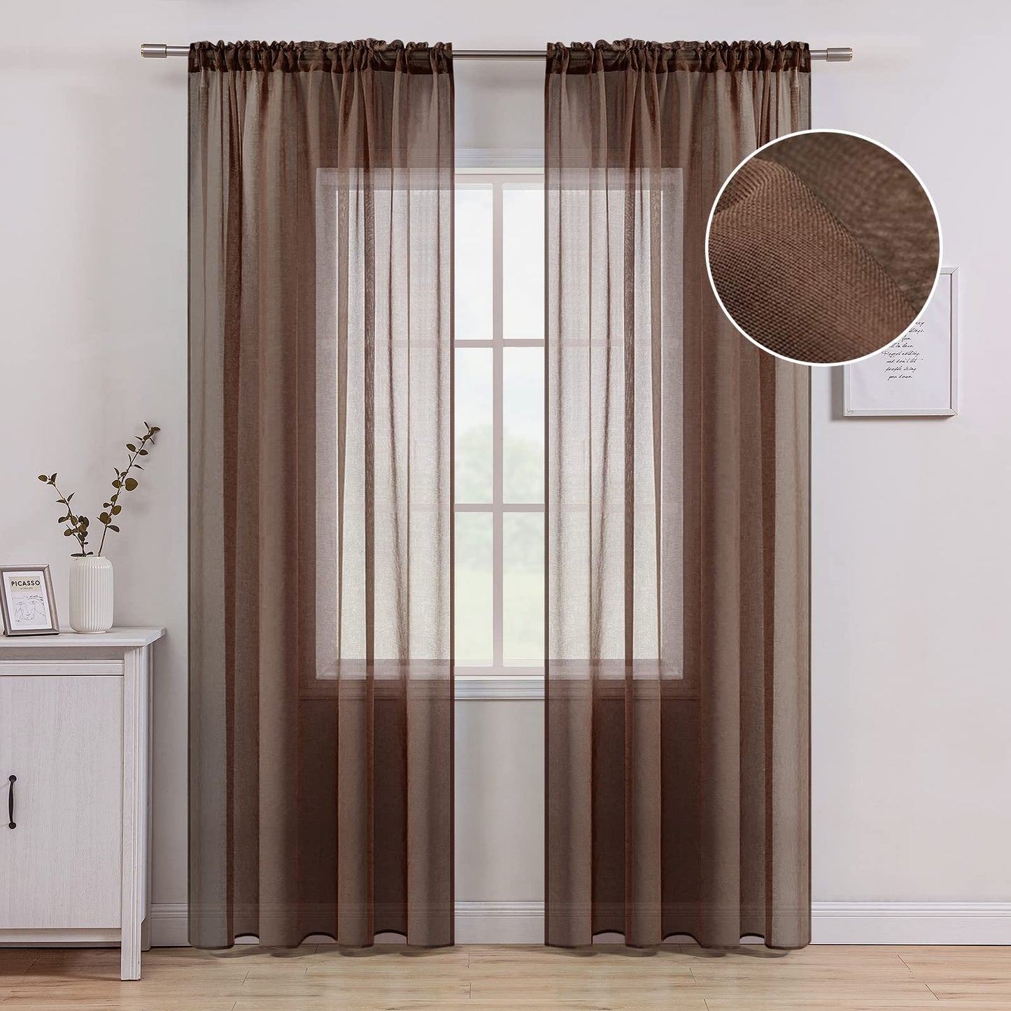 MIULEE Semi White Linen Textured Sheer Curtains 42W×84L Rod Pocket 2 Panels | Semi Transparent, Farmhouse, Window Net Panels with Rod Pocket for Bedroom Living Room