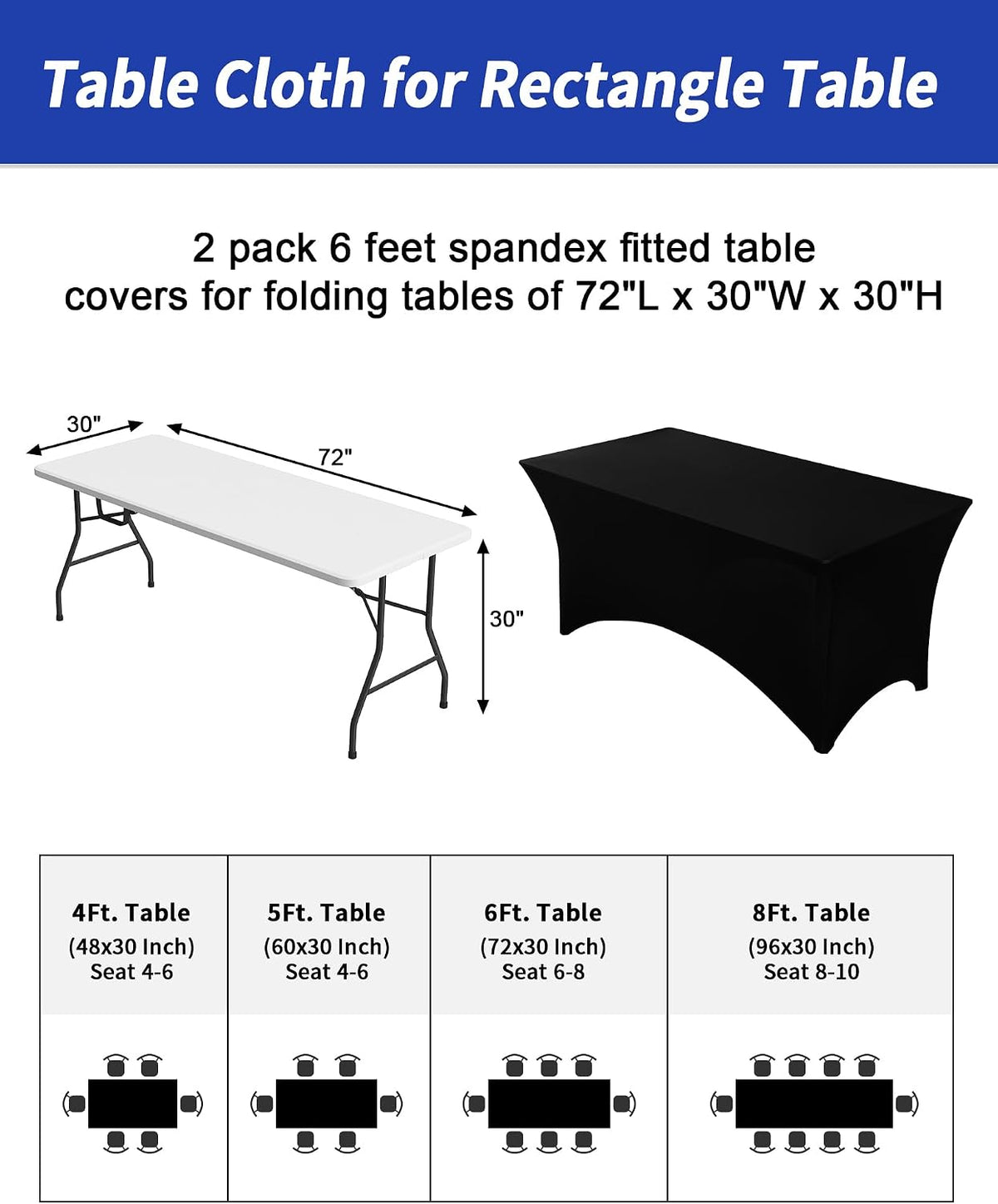 Fixwal 2 Pack 6FT Black Tablecloth Rectangle Spandex Fitted Table Cover | Fit for 6 Foot Rectangle Table, Washable Stretch, Ideal for Party, Wedding, Buffet, Graduation Decoration, Vendor Booth
