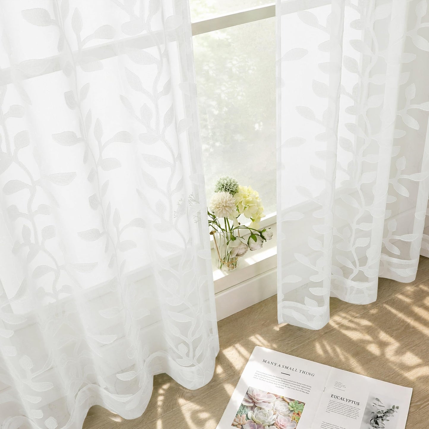 White Sheer Curtains 84 Inches Long - Light Filtering Leaf Jacquard Textured Semi Sheer Curtains, Rod Pocket Drapes for Living Room Bedroom 2 Panels Set, 2x37Wx84L Inches