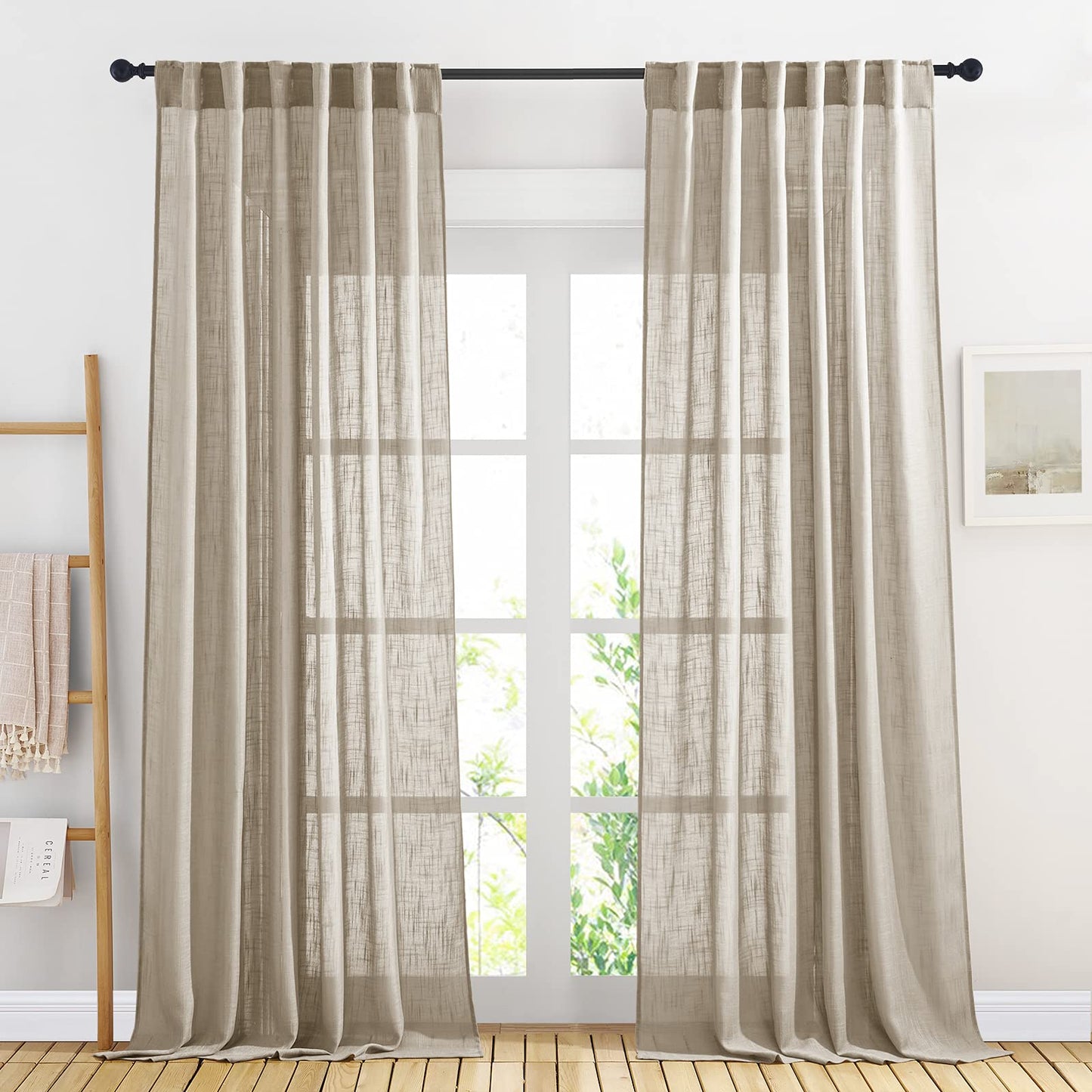 NICETOWN White Linen Sheer Curtains and Drapes 84 inches Long, Rod Pocket & Back Tab semitransparent with Light Through Vertical Window Treatments for Sliding Glass Door & Living Room, 52"W, Set of 2
