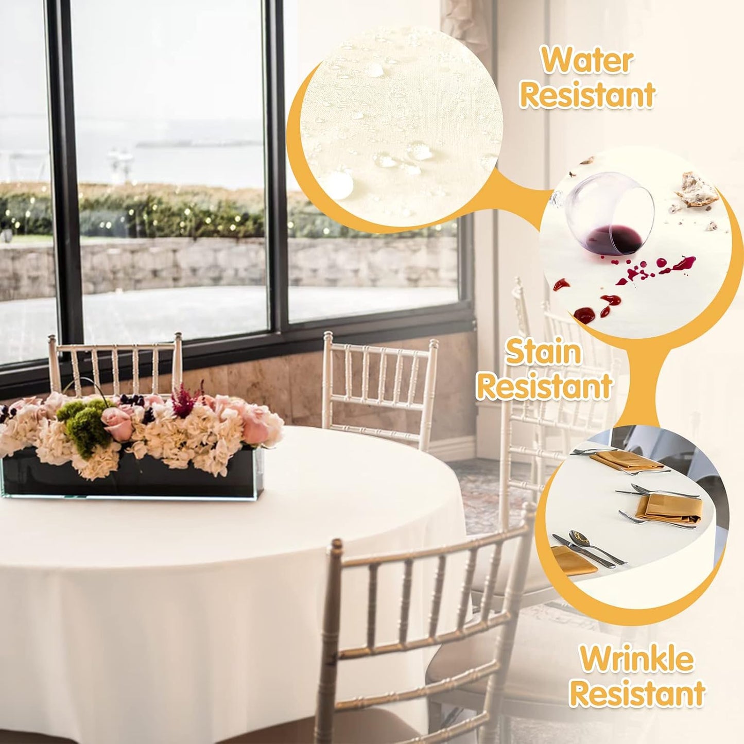 BRILLMAX 4 Pack Ivory Round Tablecloths 108 Inch for 48" Tables | 150 GSM Polyester Fabric, Floor Length Drop, Water, Stain & Wrinkle Resistant Cloth Cover for Wedding Reception Banquet Party