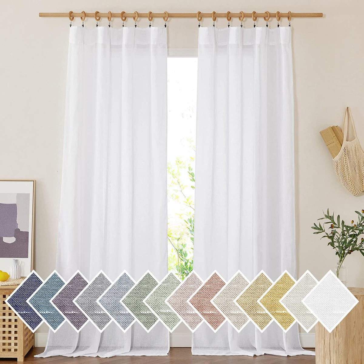 NICETOWN Semi Sheer White Curtains 84 inch Long, Rod Pocket & Back Tab Sheer Linen Curtains & Drapes Balance Privacy & Light Panels for Bedroom/Living Room, W52 x L84, 2 Panels