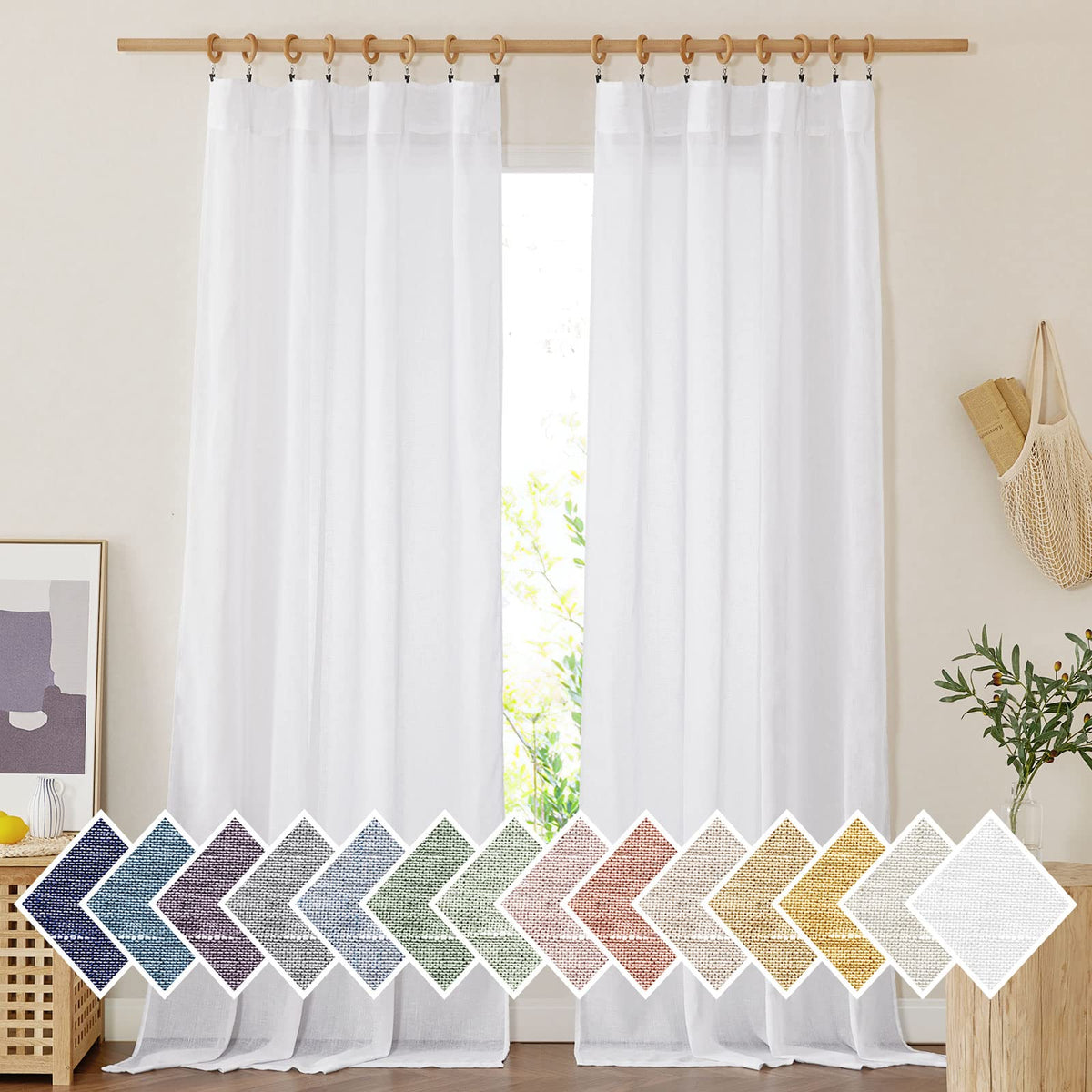 NICETOWN Semi Sheer White Curtains 84 inch Long, Rod Pocket & Back Tab Sheer Linen Curtains & Drapes Balance Privacy & Light Panels for Bedroom/Living Room, W52 x L84, 2 Panels