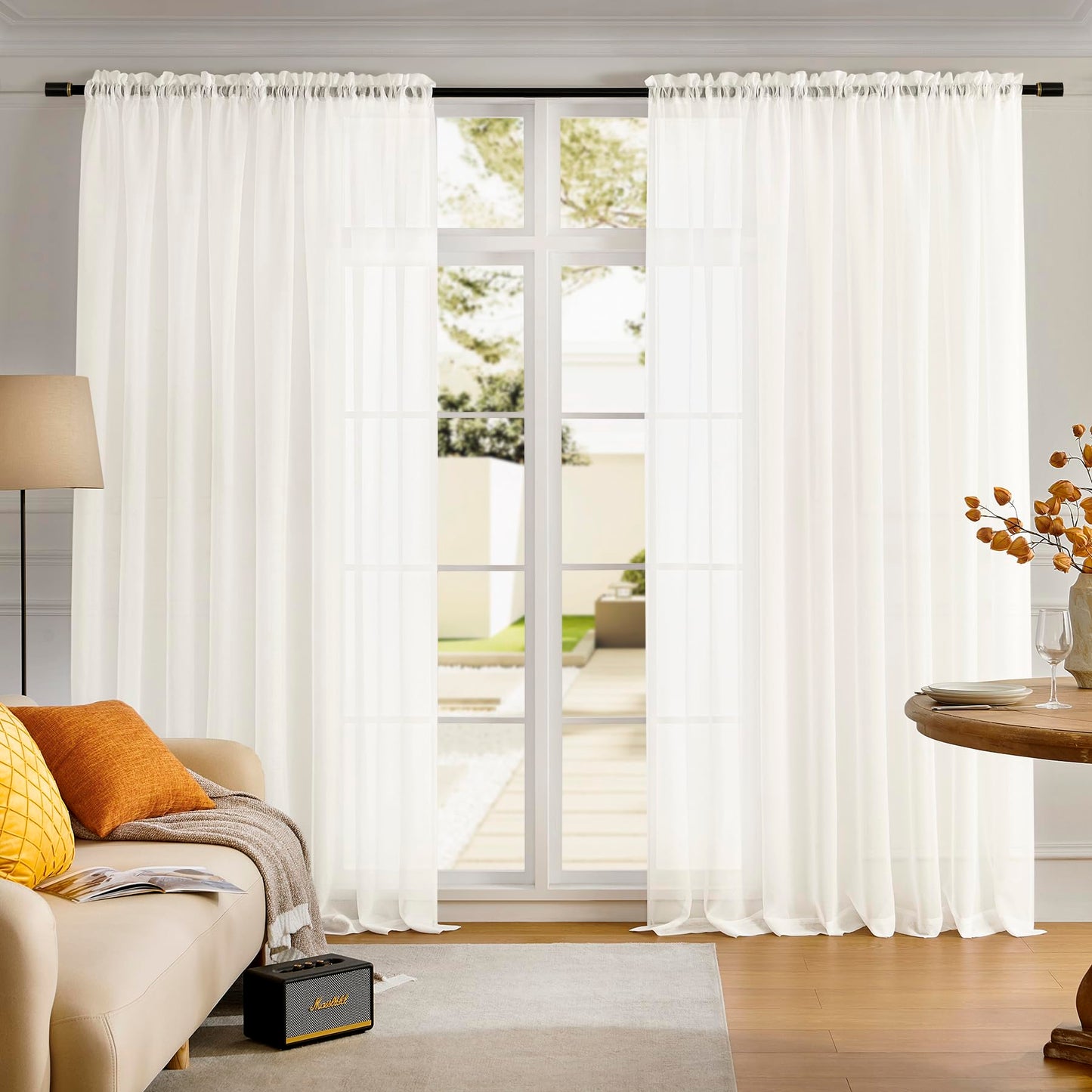 MYSTIC-HOME Sheer Curtains White 63 Inch Length, Rod Pocket Voile Drapes for Living Room, Bedroom, Window Treatments Semi Crinkle Curtain Panels for Yard, Patio, Villa, Parlor, Set of 2, 52"x 63"