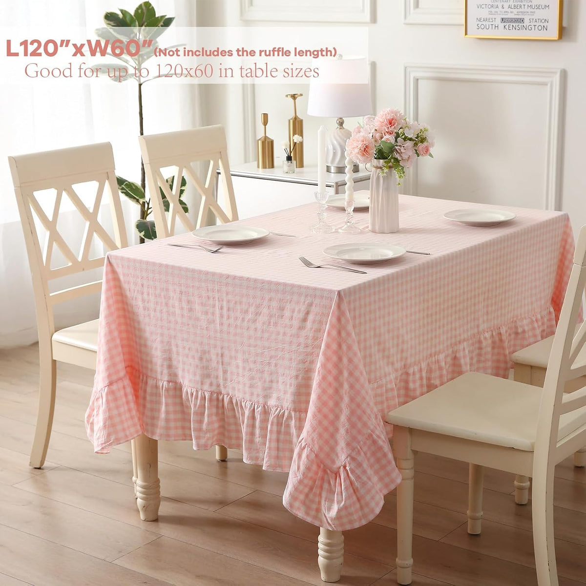 Blush White Gingham Ruffled Table Cloth Rectangular 120“x60” | 100% Washed Cotton, for Seat 8-10, Buffet Picnic Baby Shower Party Tablecloth, Decorative Checker Plaid Farmhouse Table Cover