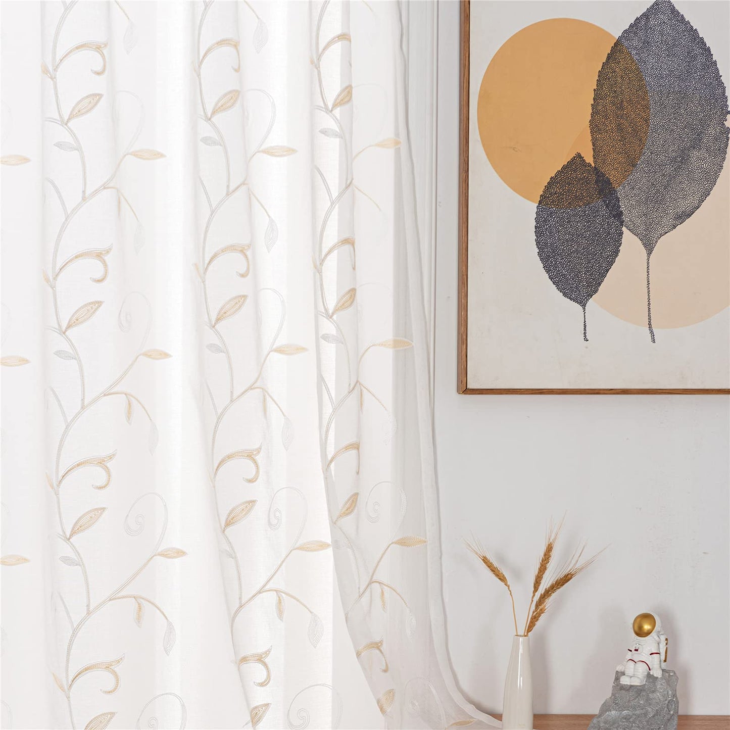 Sheer Curtains Boho Leaf Floral Embroidered Cream Beige 54Wx84L | Light Filtering Semi Sheer Voile Curtains With Design, Rod Pocket Window Drapes for Bedroom Living Room 2 Panels