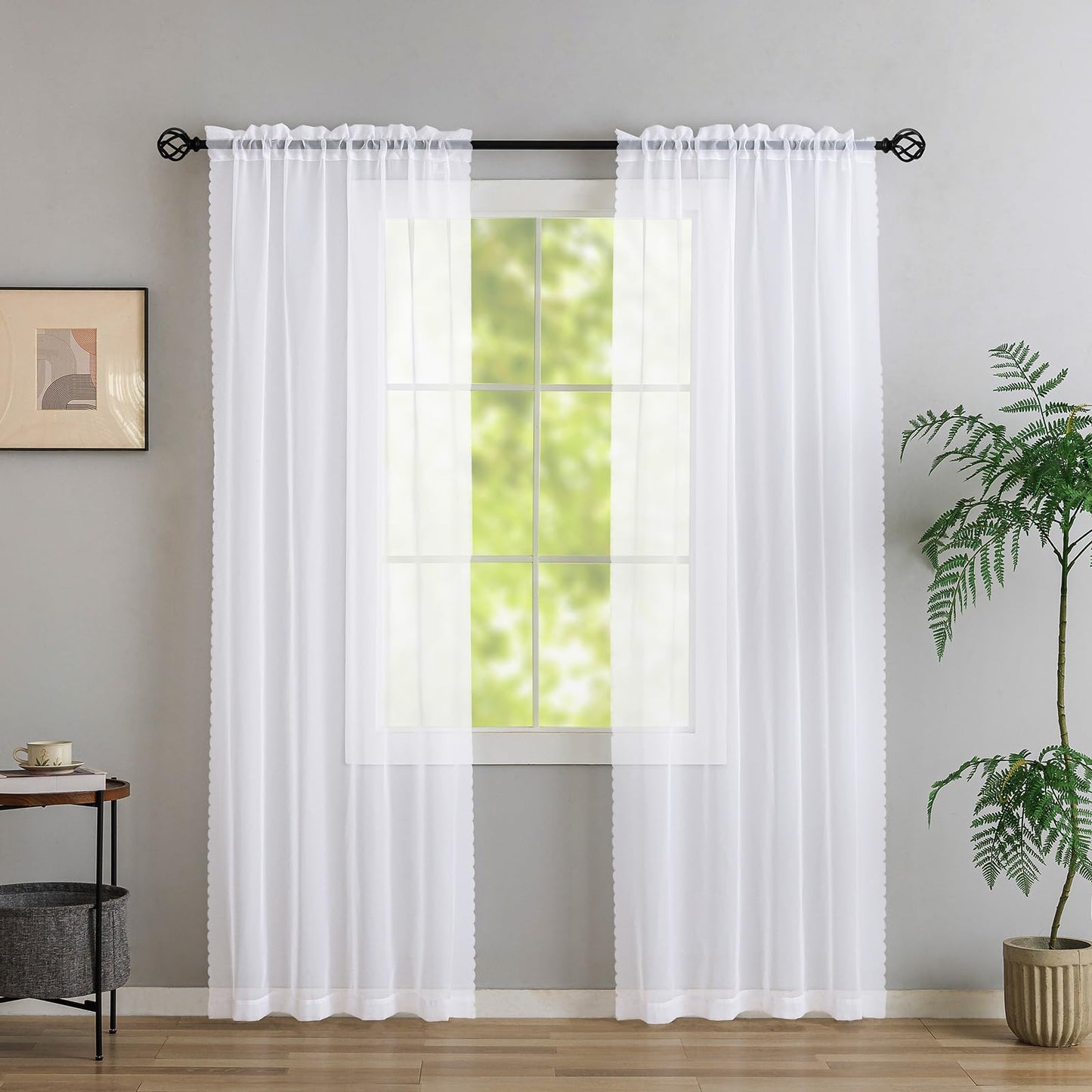MYSTIC-HOME Sheer Curtains White 63 Inch Length, Rod Pocket Voile Drapes for Living Room, Bedroom, Window Treatments Semi Crinkle Curtain Panels for Yard, Patio, Villa, Parlor, Set of 2, 52"x 63"