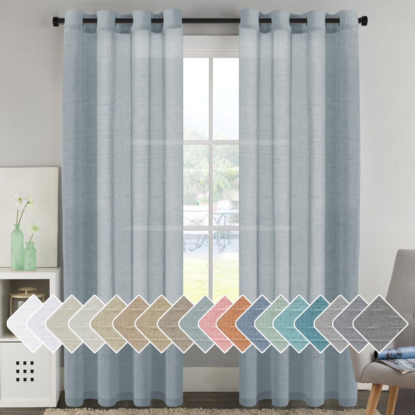 H.VERSAILTEX Natural Linen Sheer Curtains Flax Linen Blended Curtain Panels Living Room, Nickel Grommet Semitransparent Semi-Sheer Soft Privacy Drapes, Natural, 84 inches Long 2 Panels