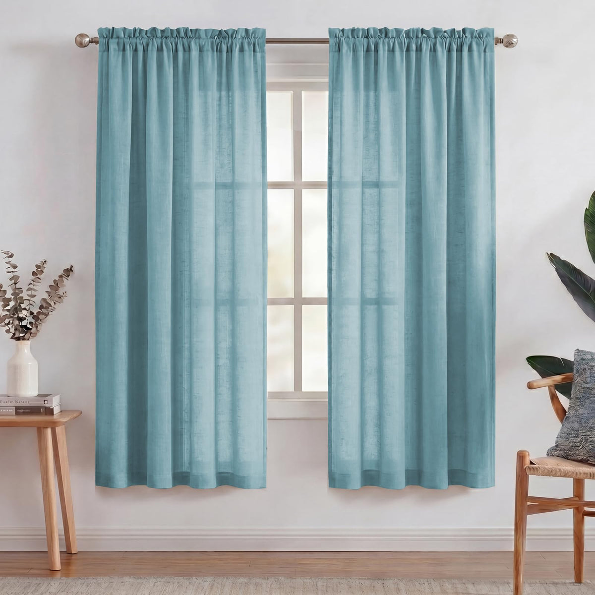 Turquoize White Linen Curtains 96 Inches Long Semi Sheer Curtains Light Filtering Linen Drapes for Living Room/Bedroom 2 Panels Set Rod Pocket Window Treatments Panels,W52 x L96, White