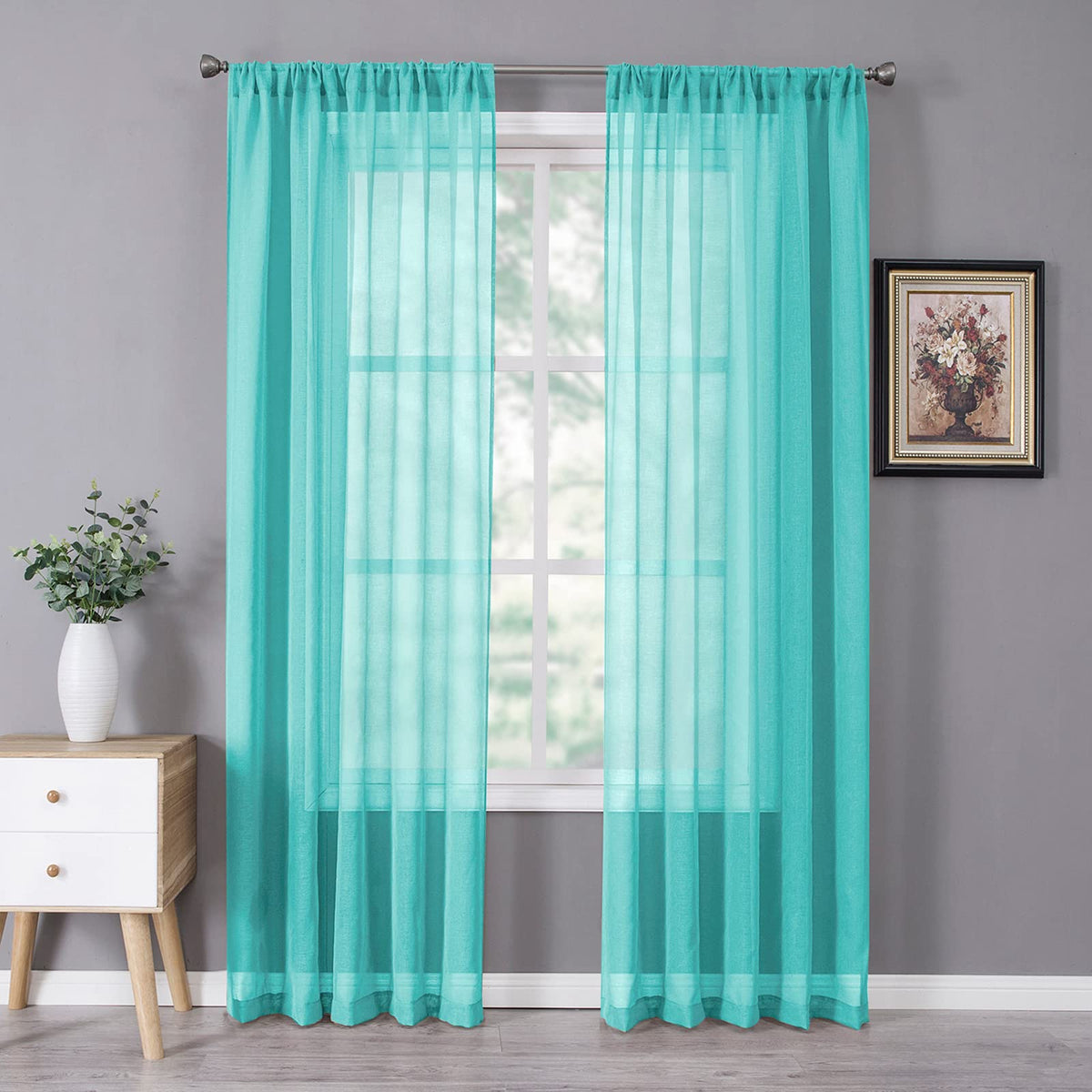 Tollpiz Sheer Curtains Living Room Linen Textured Curtain Sheers Light Filtering Voile Rod Pocket Curtains for Bedroom, 38 x 63 inches Long, White, Set of 2 Panels