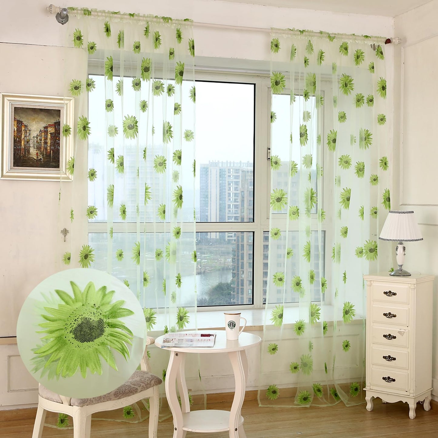 Ufurty 2pcs Willow Leaf Window Curtain Voile Tulle Vine Sheer Curtains | Room Salix Leaf Sheer Gauze Panel Drapes Green Color for Living Room, Bedroom, Balcony