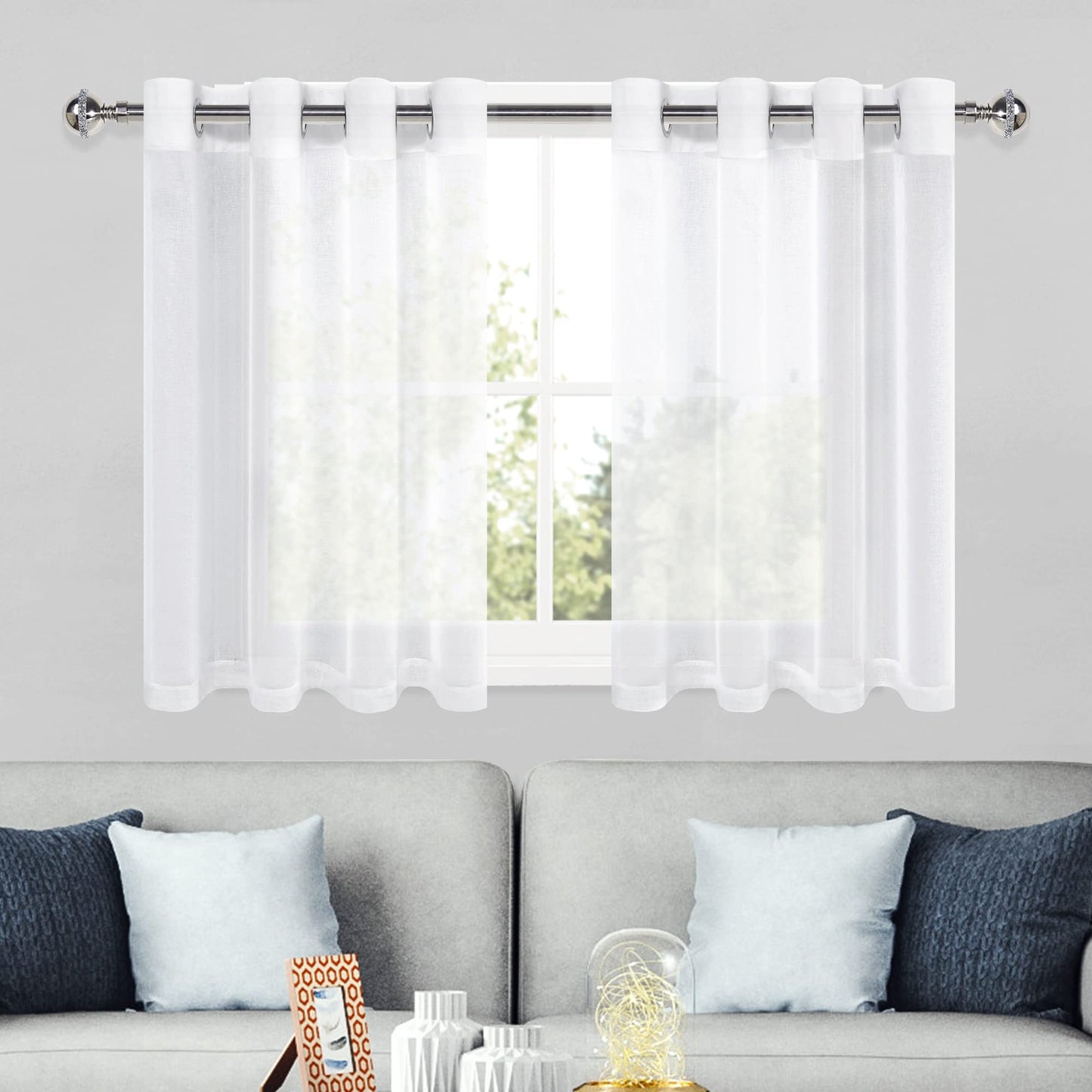 DWCN White Sheer Curtains Linen Look Semi Transparent Voile Grommet White Curtains for Living Dining Room Drapes 52 x 84 Inch Long, Set of 2 Panels