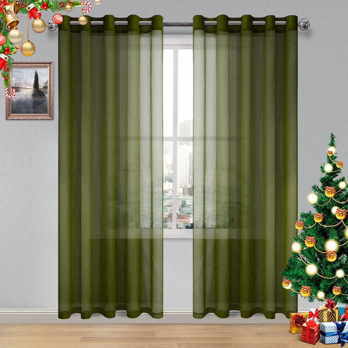 DWCN White Sheer Curtains Linen Look Semi Transparent Voile Grommet White Curtains for Living Dining Room Drapes 52 x 84 Inch Long, Set of 2 Panels