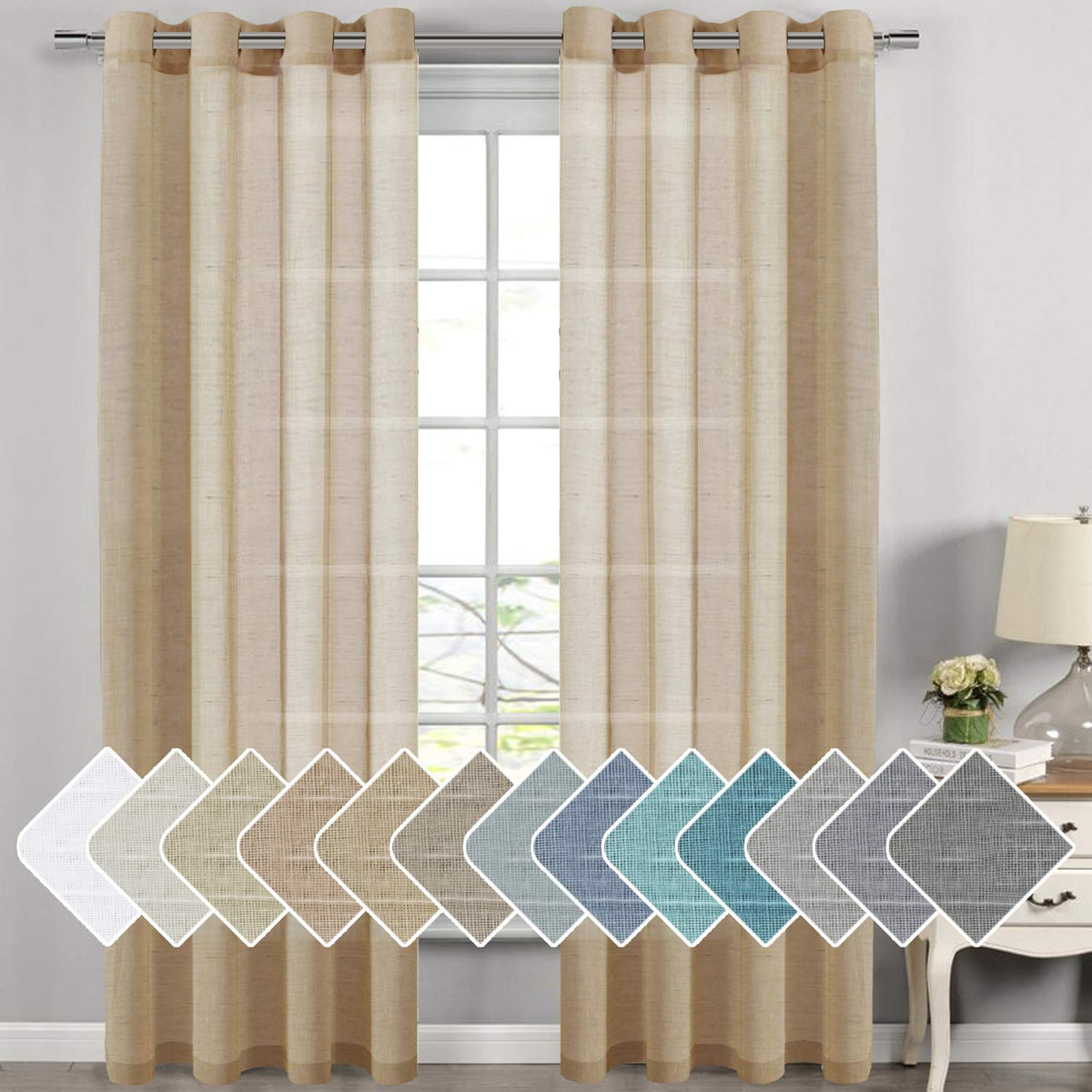 H.VERSAILTEX Natural Linen Sheer Curtains Flax Linen Blended Curtain Panels Living Room, Nickel Grommet Semitransparent Semi-Sheer Soft Privacy Drapes, Natural, 84 inches Long 2 Panels