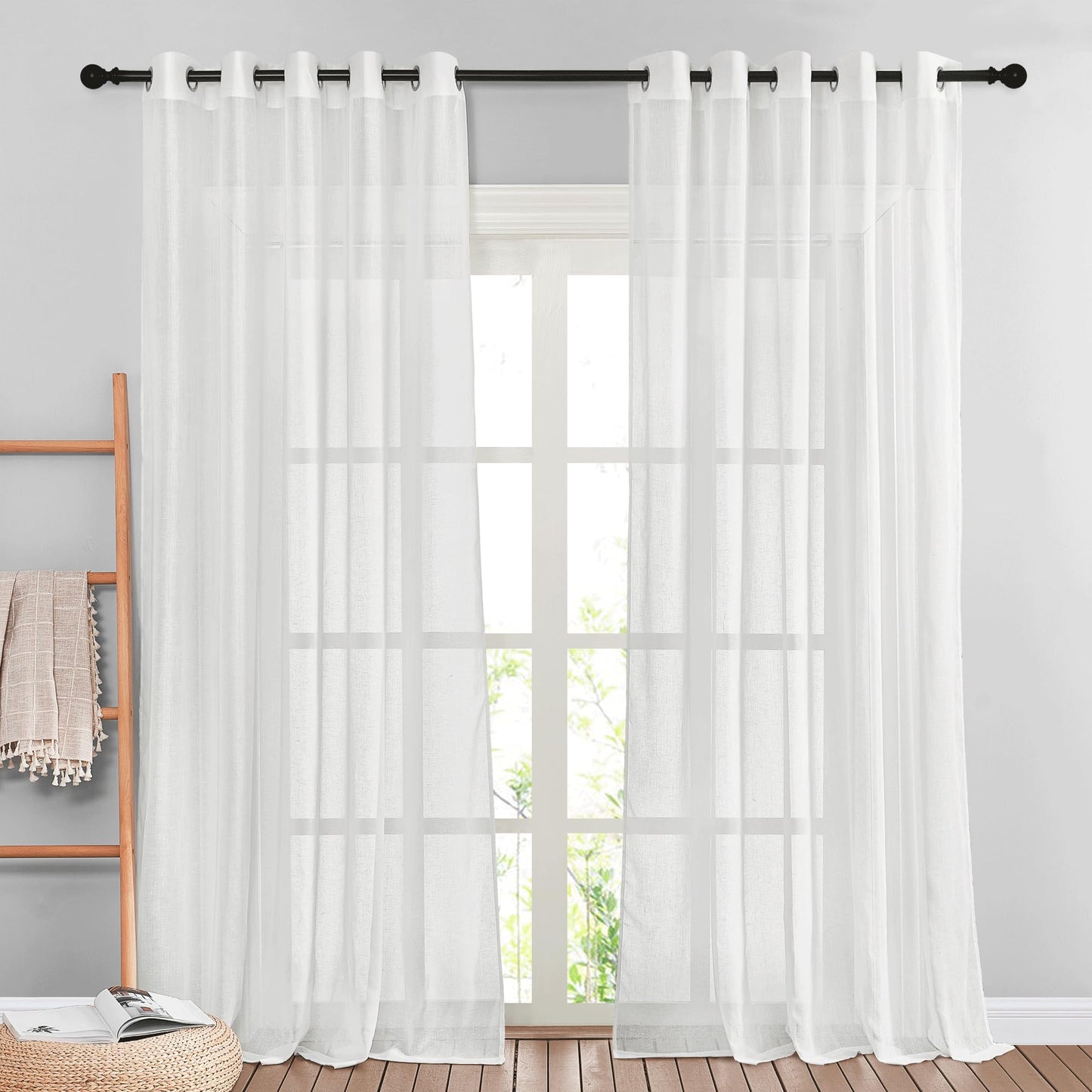 NICETOWN White Sheer Linen Curtains for Living Room 84 inch Length 2 Panels Set, Grommet Semi Sheer Privacy with Light Filtering Flax Window Treatments for Bedroom, W52 x L84