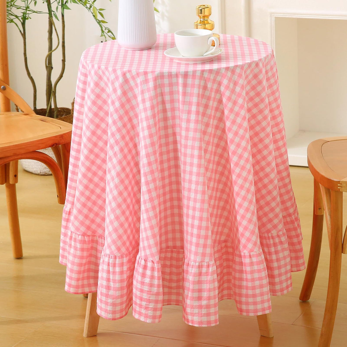 Blush White Gingham Ruffled Table Cloth Rectangular 120“x60” | 100% Washed Cotton, for Seat 8-10, Buffet Picnic Baby Shower Party Tablecloth, Decorative Checker Plaid Farmhouse Table Cover