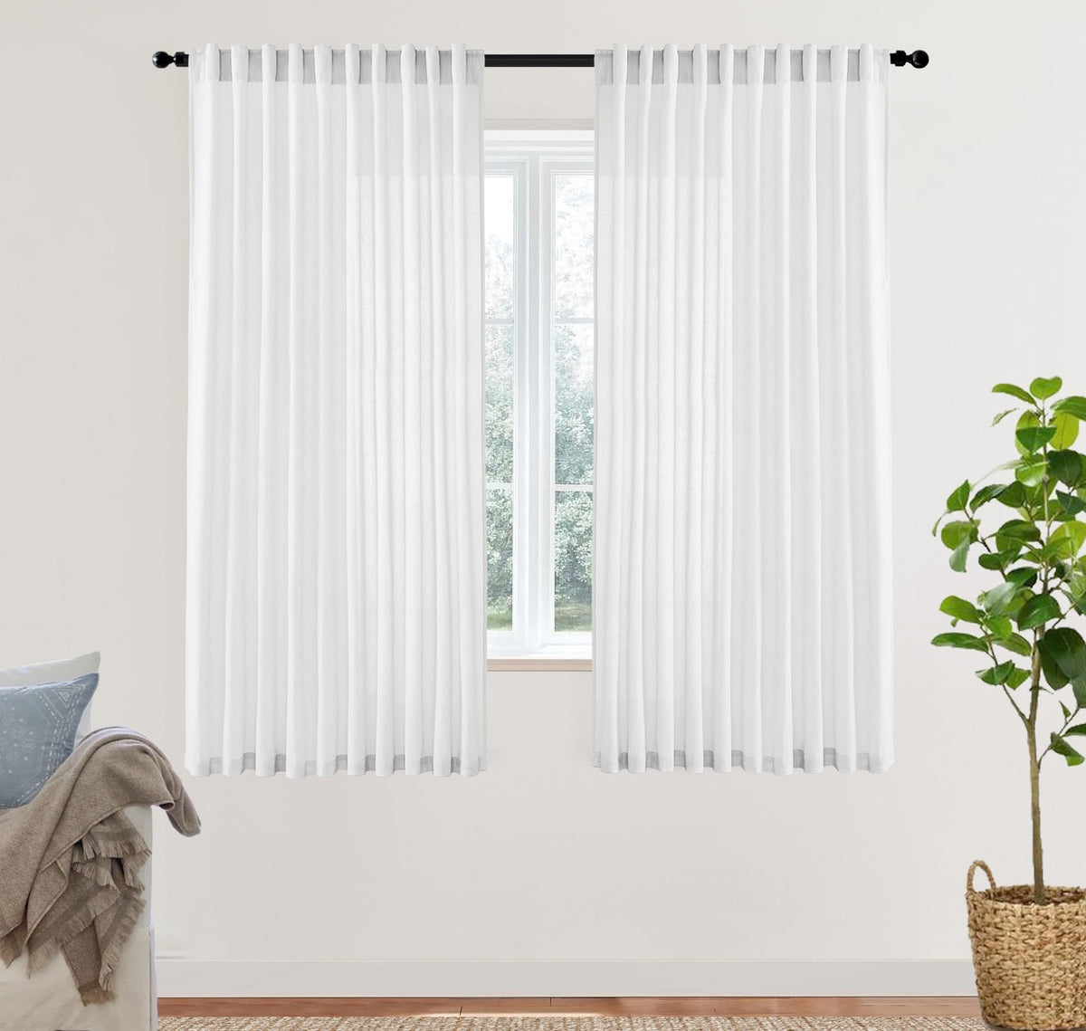 Linen Cotton Curtains for Living Room, Cream Off White Natural Fabric Light Filtering Semi Sheer Curtains 84 Inches Long, Ivory Pleated Farmhouse Curtain Drapes 84 Inch Length 2 Panels Set Dining Room