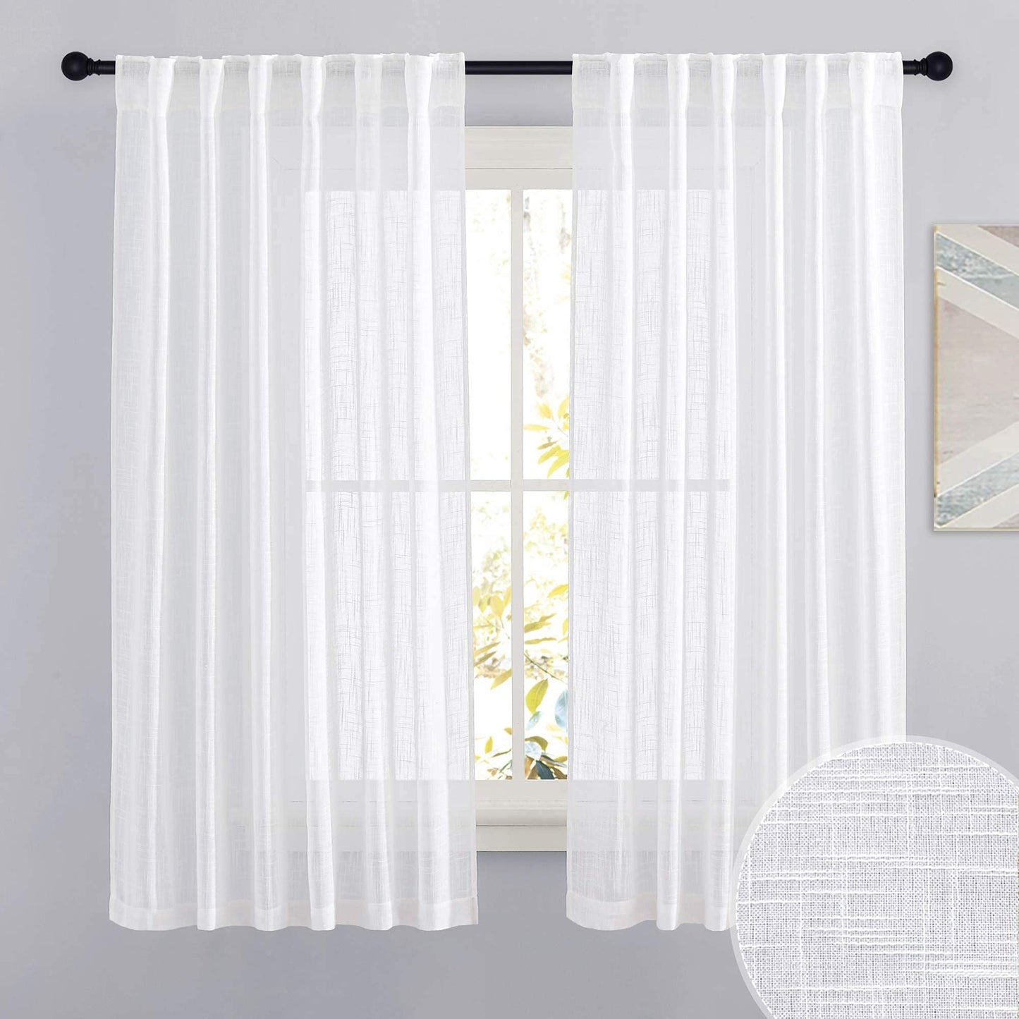 RYB HOME White Sheer Curtains for Living Room Patio Glass Door, W52 x L95 | Linen Texture, Light Filtering Privacy, Airy Translucent, Back Tab, Bedroom Office Balcony, W52 x L95, 2 Panels