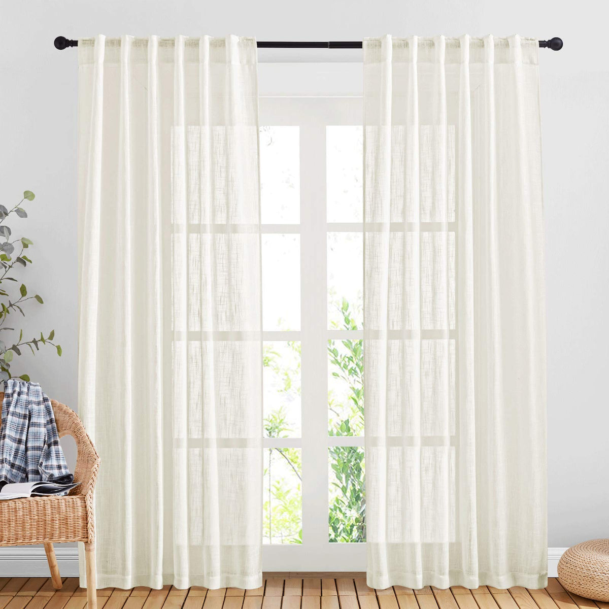 NICETOWN Flax Linen Curtains 84 inch Long, Rod Pocket & Back Tab Semi Sheer Vertical Drapes Privacy Added with Light Filtering for Bedroom/Living Room, Burlap, W52 x L84, 2 Pieces