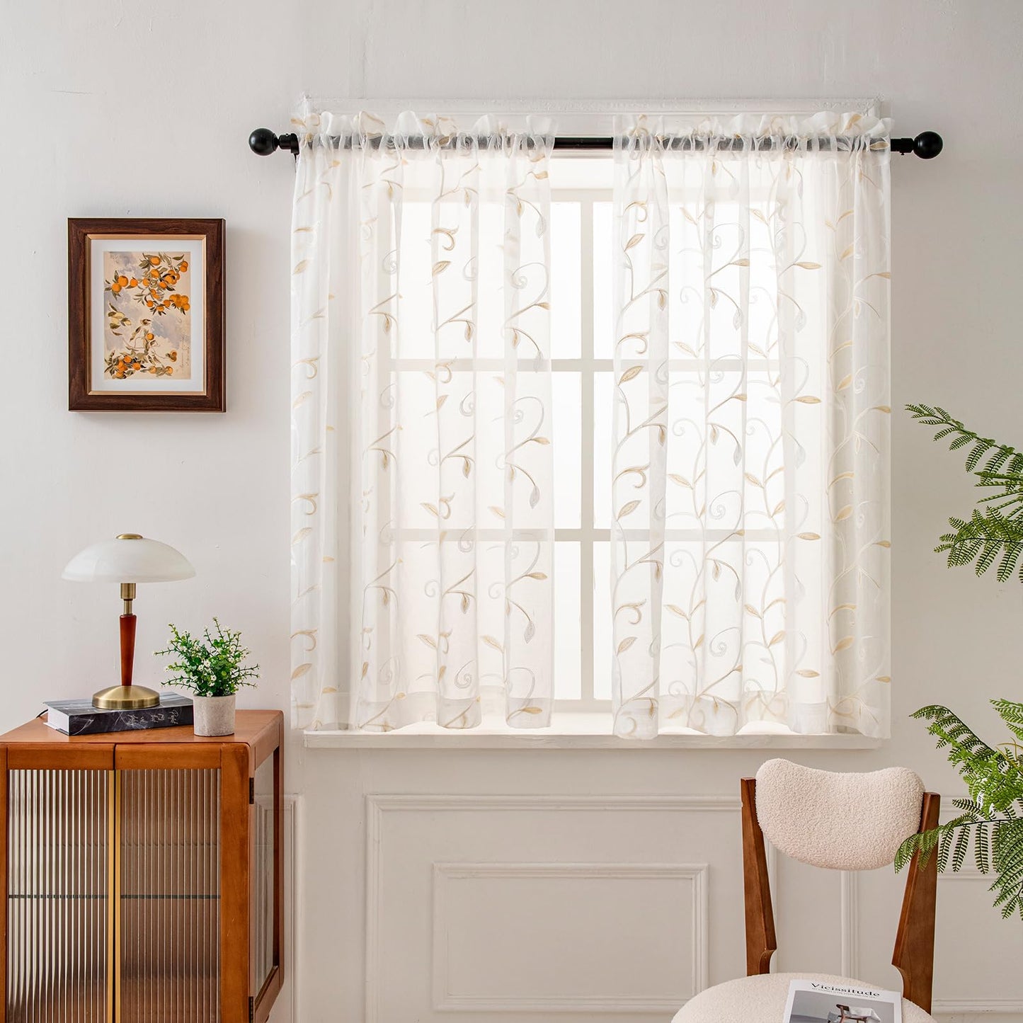 Sheer Curtains Boho Leaf Floral Embroidered Cream Beige 54Wx84L | Light Filtering Semi Sheer Voile Curtains With Design, Rod Pocket Window Drapes for Bedroom Living Room 2 Panels