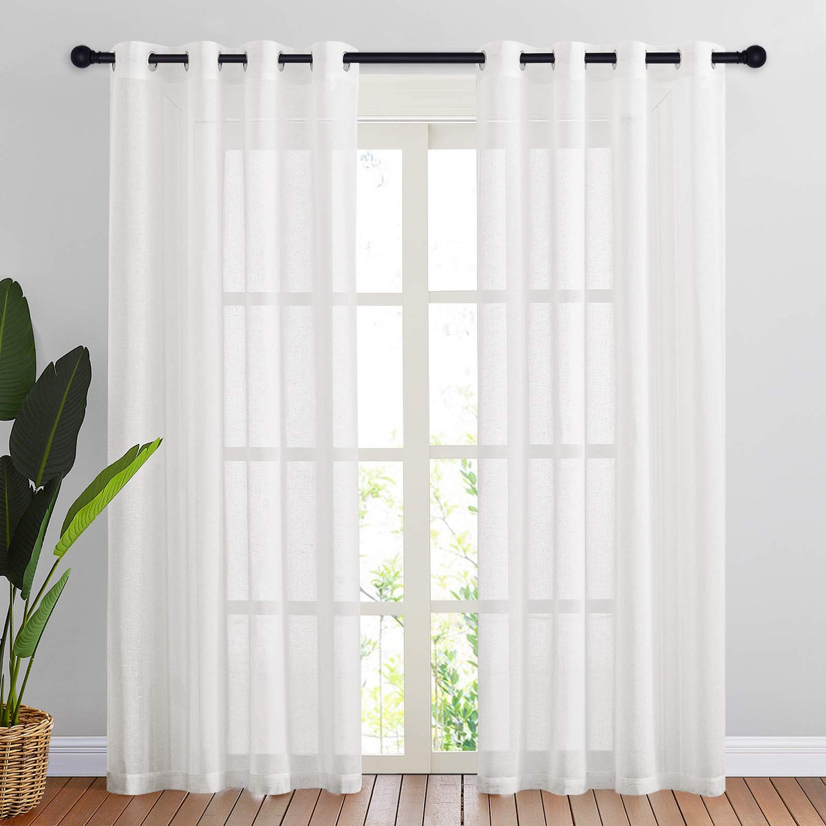 NICETOWN White Sheer Linen Curtains for Living Room 84 inch Length 2 Panels Set, Grommet Semi Sheer Privacy with Light Filtering Flax Window Treatments for Bedroom, W52 x L84