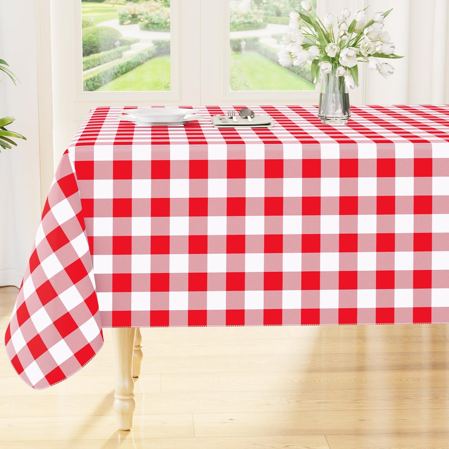 Smiry Picnic Table Cloth, Vinyl Tablecloths with Flannel Backing, 60"x84" | Waterproof Rectangle Table Cloth, Wipeable Buffalo Plaid Table Cover for Indoor and Outdoor (Khaki & White)