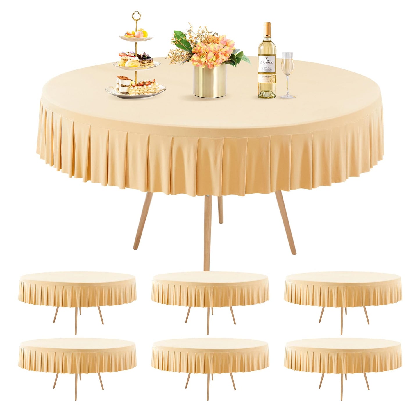 8 Pack Champagne Spandex Round Tablecloths for 72in Table, Stretchy Fitted 6FT Round Table Cloths, Wrinkle Free Table Cover with Skirt for Wedding Birthday Party Bridal Shower Banquet