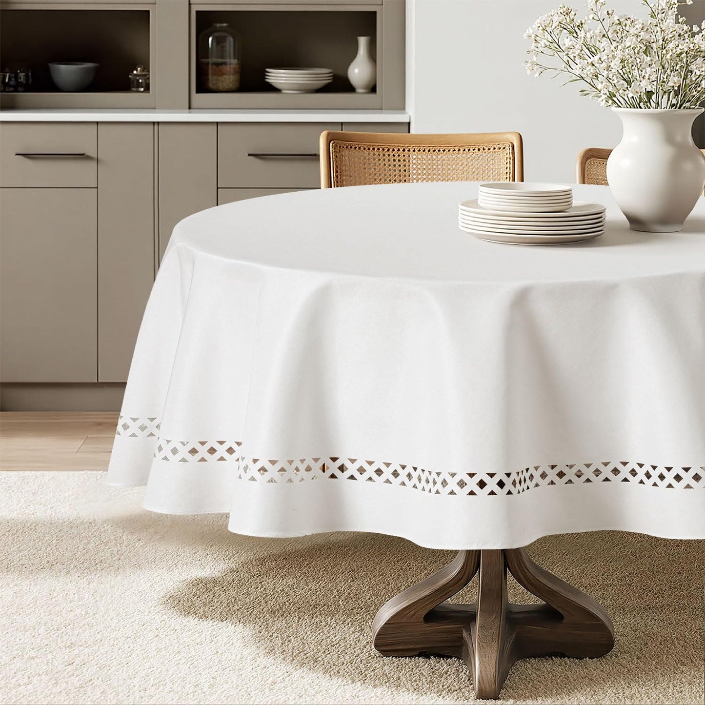 MIULEE Beige Rectangle Tablecloth with Decorative Cutouts 52x70 Inch | Waterproof Stain Resistant & Shrink-Proof Table Cloth, Farmhouse Style, for Dining Wedding Kitchen Party Outdoor