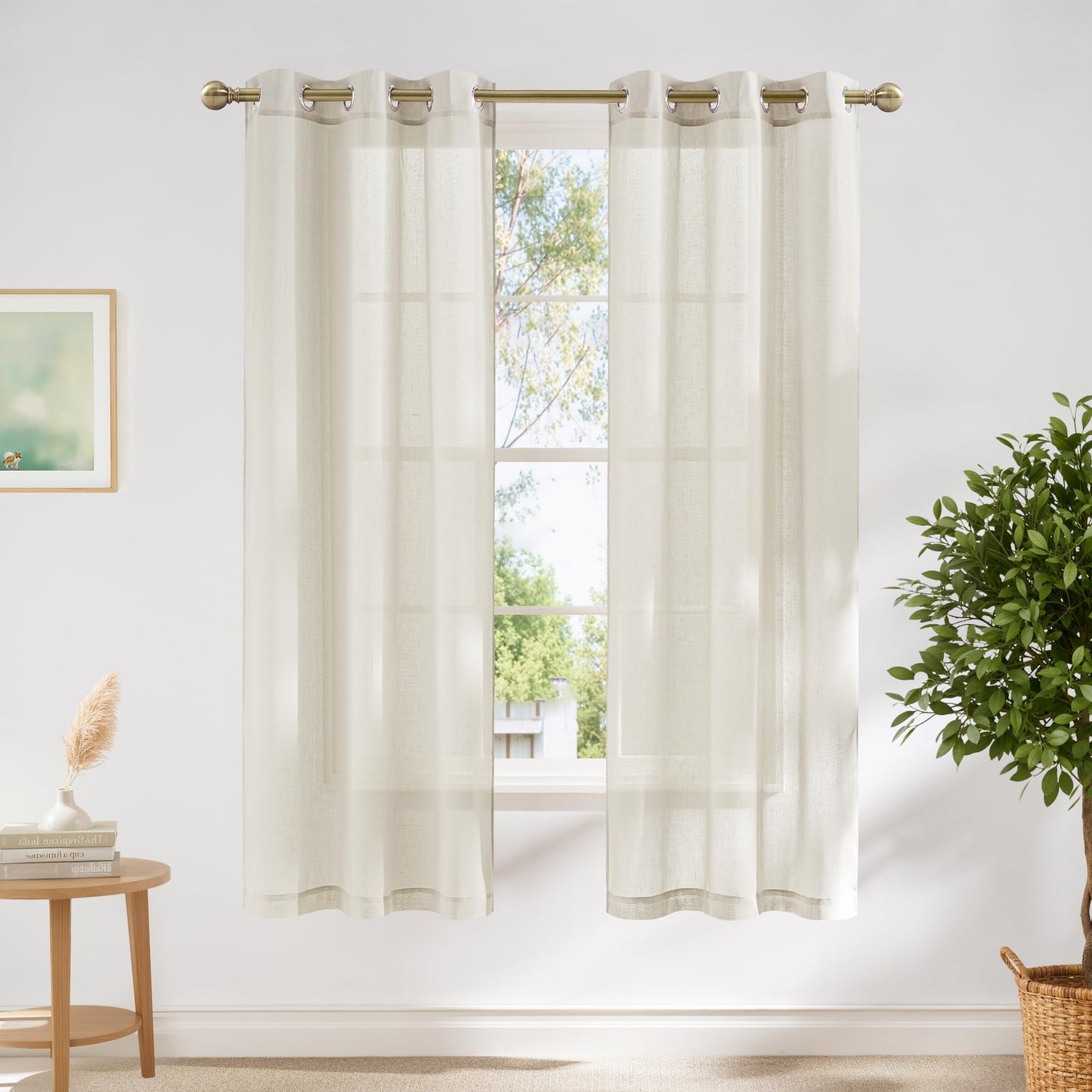 NICETOWN White Sheer Linen Curtains for Living Room 84 inch Length 2 Panels Set, Grommet Semi Sheer Privacy with Light Filtering Flax Window Treatments for Bedroom, W52 x L84