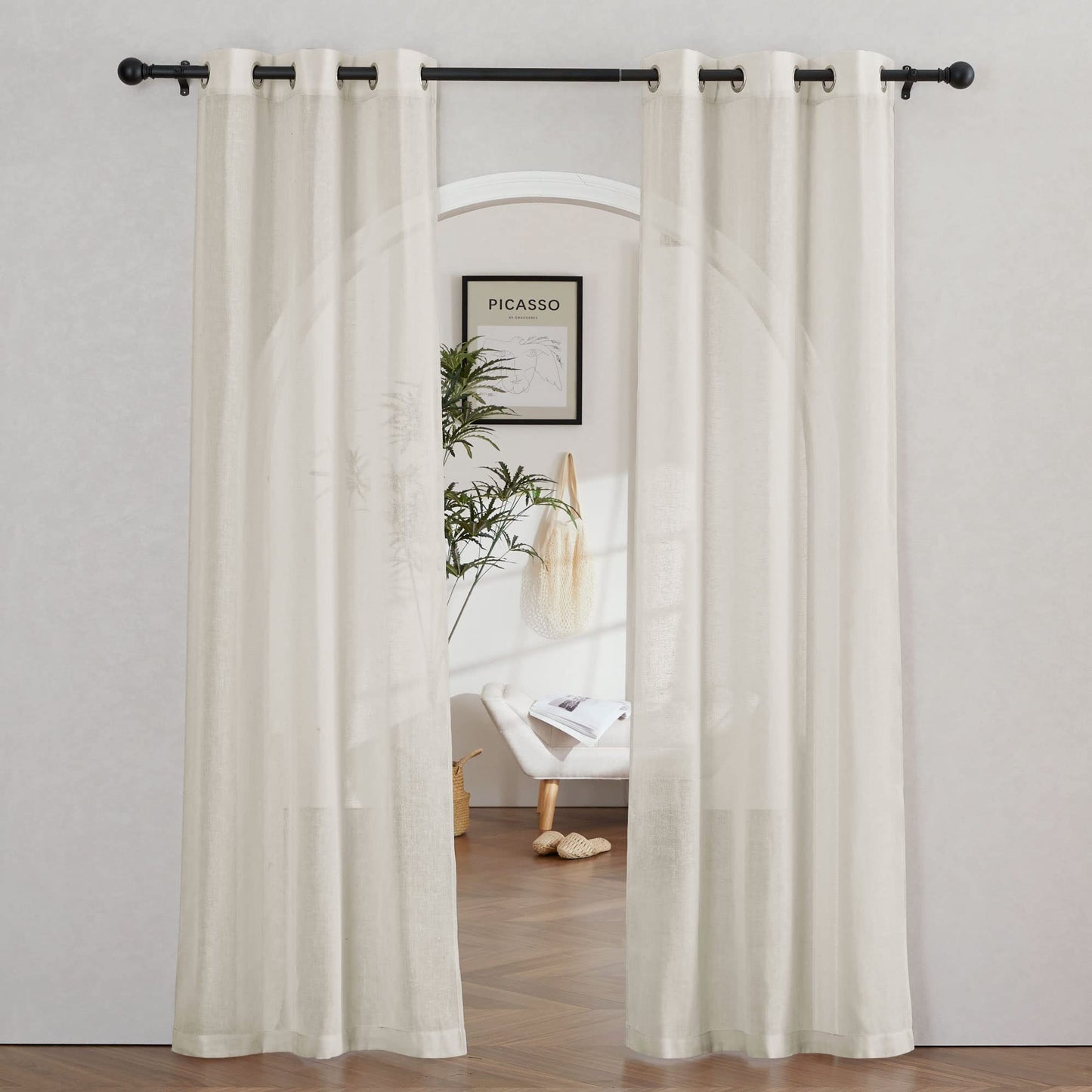 NICETOWN White Sheer Linen Curtains for Living Room 84 inch Length 2 Panels Set, Grommet Semi Sheer Privacy with Light Filtering Flax Window Treatments for Bedroom, W52 x L84