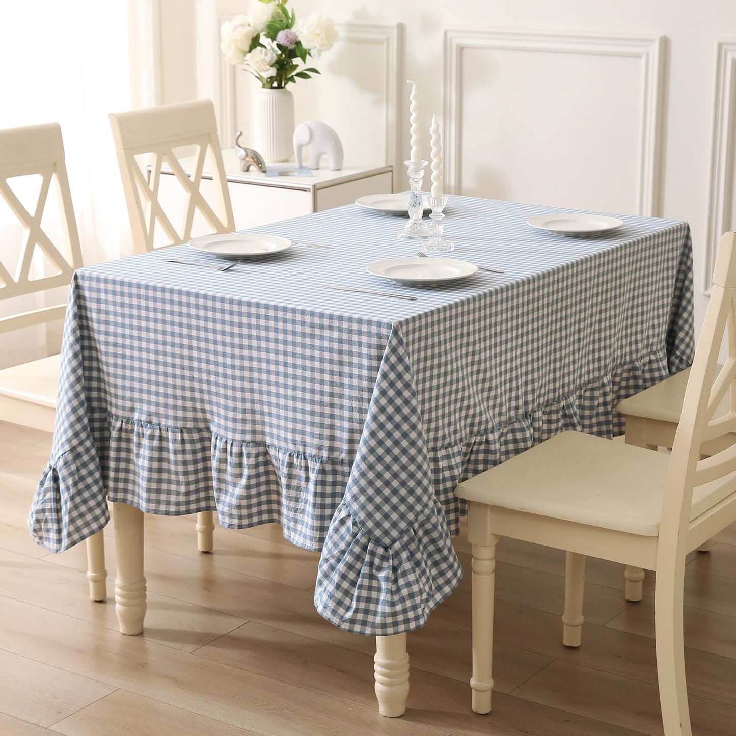 Blush White Gingham Ruffled Table Cloth Rectangular 120“x60” | 100% Washed Cotton, for Seat 8-10, Buffet Picnic Baby Shower Party Tablecloth, Decorative Checker Plaid Farmhouse Table Cover