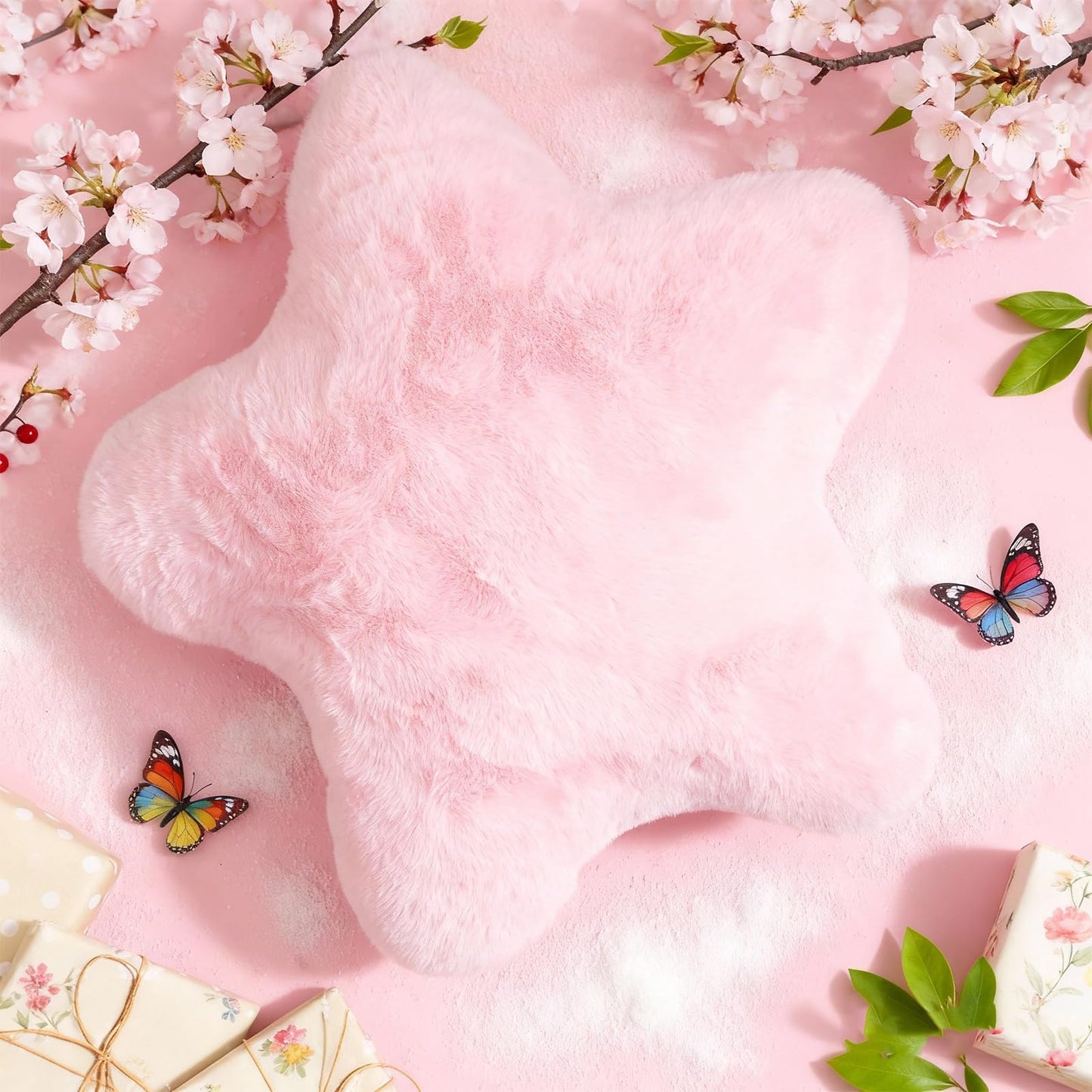 YRXRUS Star Pillows, Light Pink Star Shaped Pillow, Decorative Throw Pillow Gifts, Cute Plush Room Decor, Fluffy Faux Rabbit Fur 14"x14"Pillows for Living Bedroom