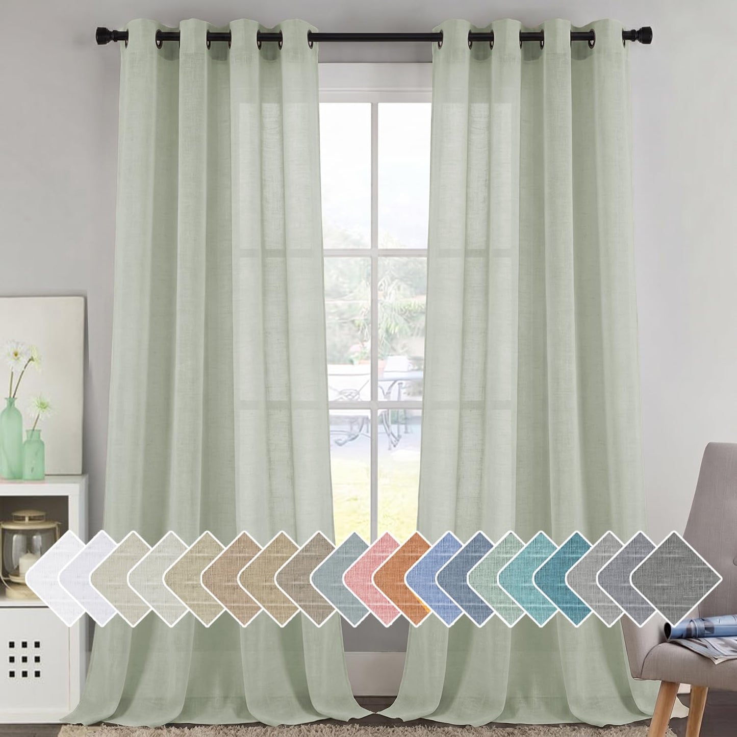 H.VERSAILTEX Natural Linen Sheer Curtains Flax Linen Blended Curtain Panels Living Room, Nickel Grommet Semitransparent Semi-Sheer Soft Privacy Drapes, Natural, 84 inches Long 2 Panels